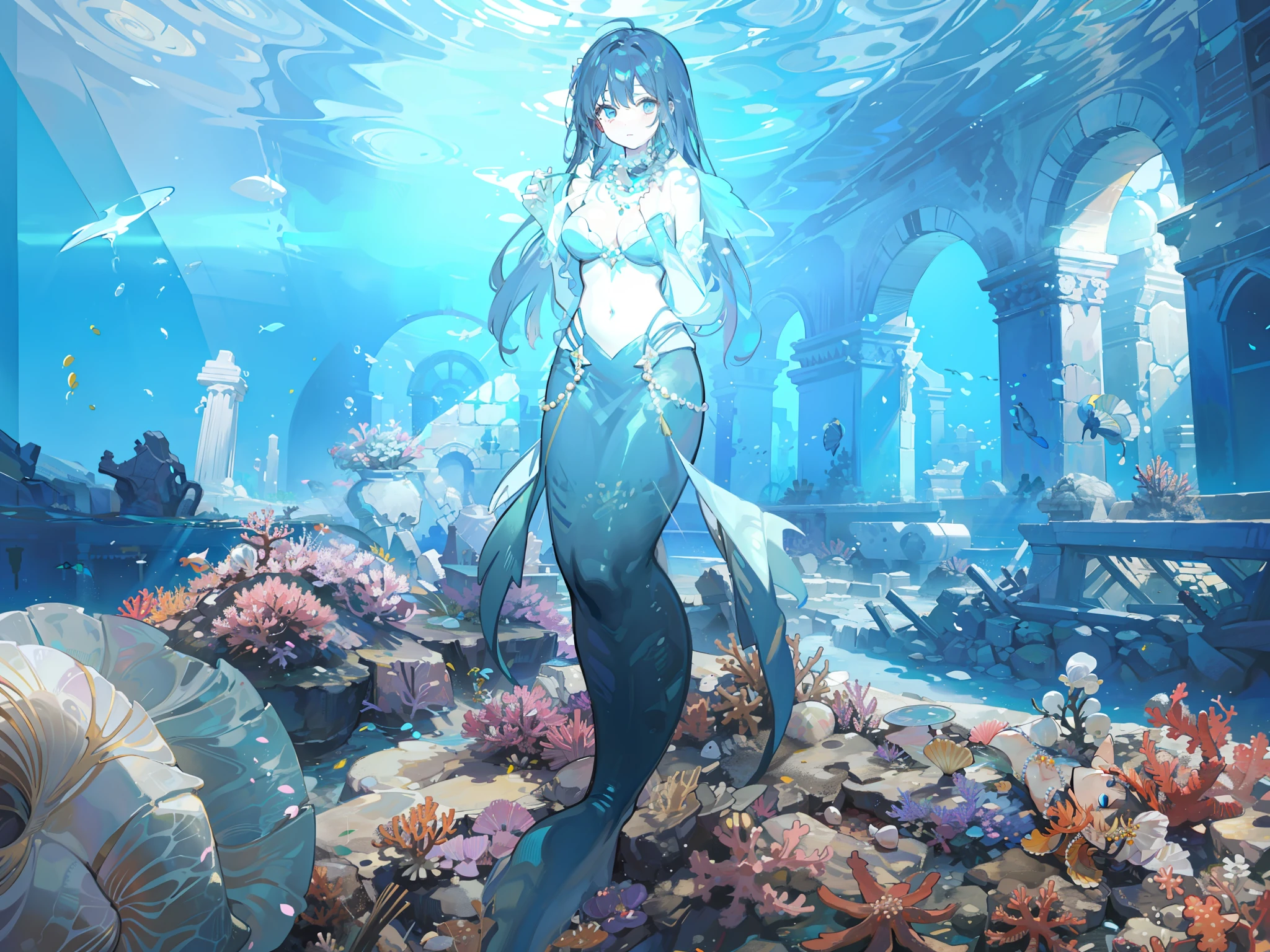 1character, putting on pearl necklace, mid-transformation. ancient underwater ruins, alcoves containing various artifacts, Shimmering pearls, seashells, and coral sculptures adorn. (Masterpiece: 1.2) (Best quality: 1.3)