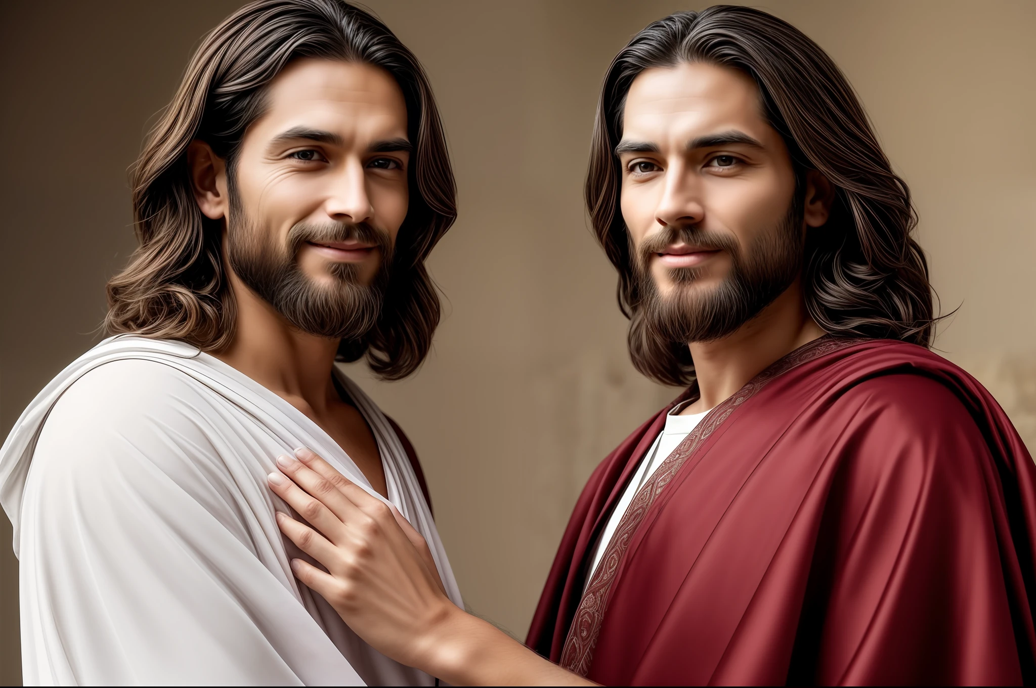 Describe an extremely detailed and realistic picture of Jesus Christ. Describe your face with a broad, high forehead, thick, curved eyebrows, deep, serene eyes, a straight nose and slightly open nostrils, soft lips, and a slight smile of kindness. Her hair is long, brown or light brown, straight and with a smooth, shiny texture, falling in gentle waves around her face. His face has softly defined cheekbones, clear, radiant skin, proportional ears, and slightly elongated lobes. His body has average height, broad shoulders, upright posture and is lean but healthy with slightly defined muscles. His hands are delicate, with long, thin fingers, and his nails are short and well groomed. He wears a white tunic of light, flowing fabric, covering his body up to his feet, with long, drugged sleeves. Over the tunic, he wears a cloak of unique color, such as blue or red, that wraps around his shoulders and falls into careful pleats. The general expression of Jesus is gentle, compassionate, and conveys wisdom and love. His gaze is kind, his smile radiates kindness and he emanates an aura of peace and tranquility, conveying hope and salvation