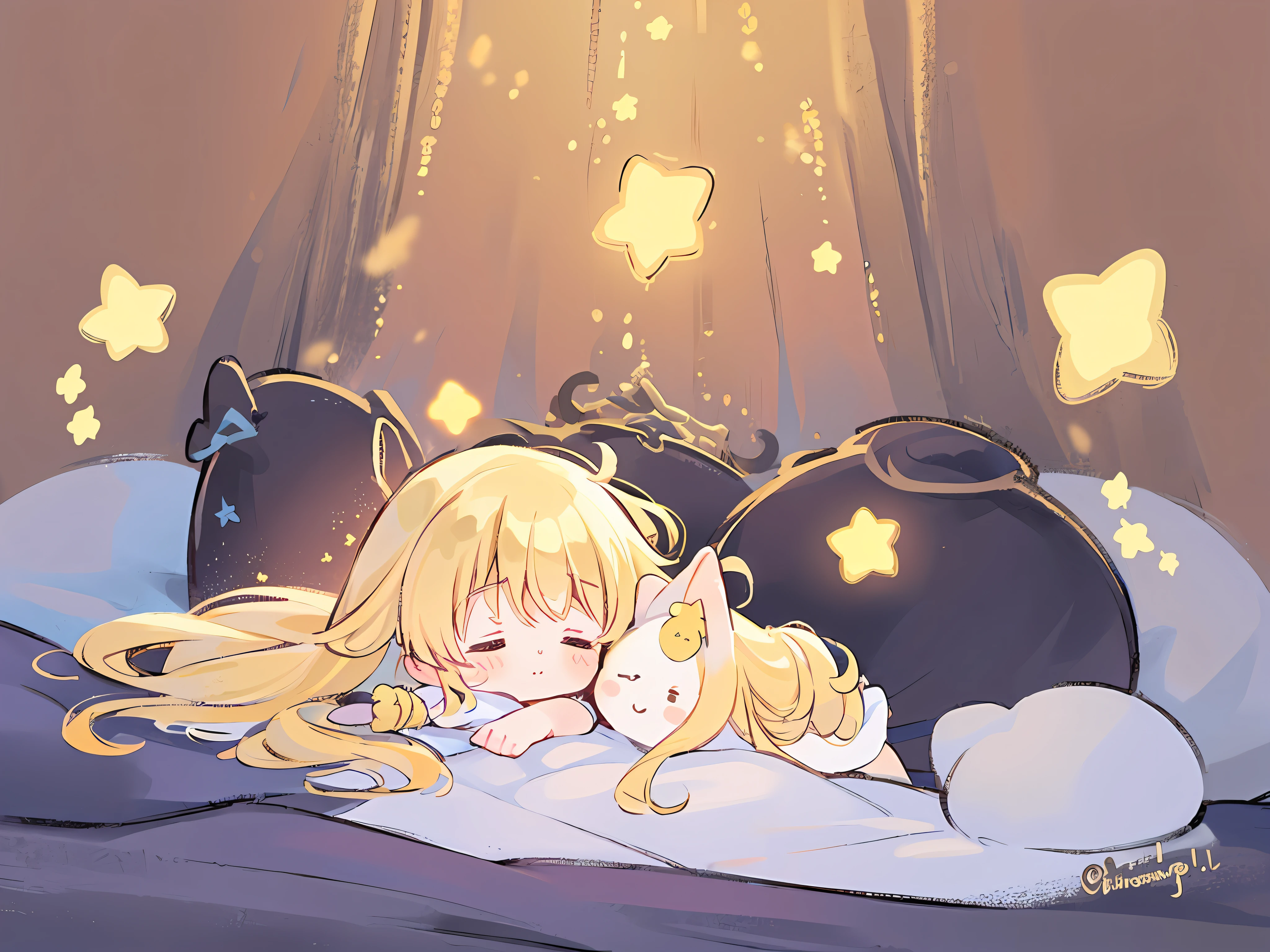 Top Quality, Masterpiece, Ultra High Resolution, Pretty Facial Features, Flat Design, Yellow Themes, Shoshi no Ko, Hoshino Ai, (Sleepy Eyes: 1.1), (Cute Yellow Night Dress), Cute, One Hand on Face, Bedtime, Disheveled Long Hair,
(simple dark background), giant stars shining in the dark, cure, ziyu,