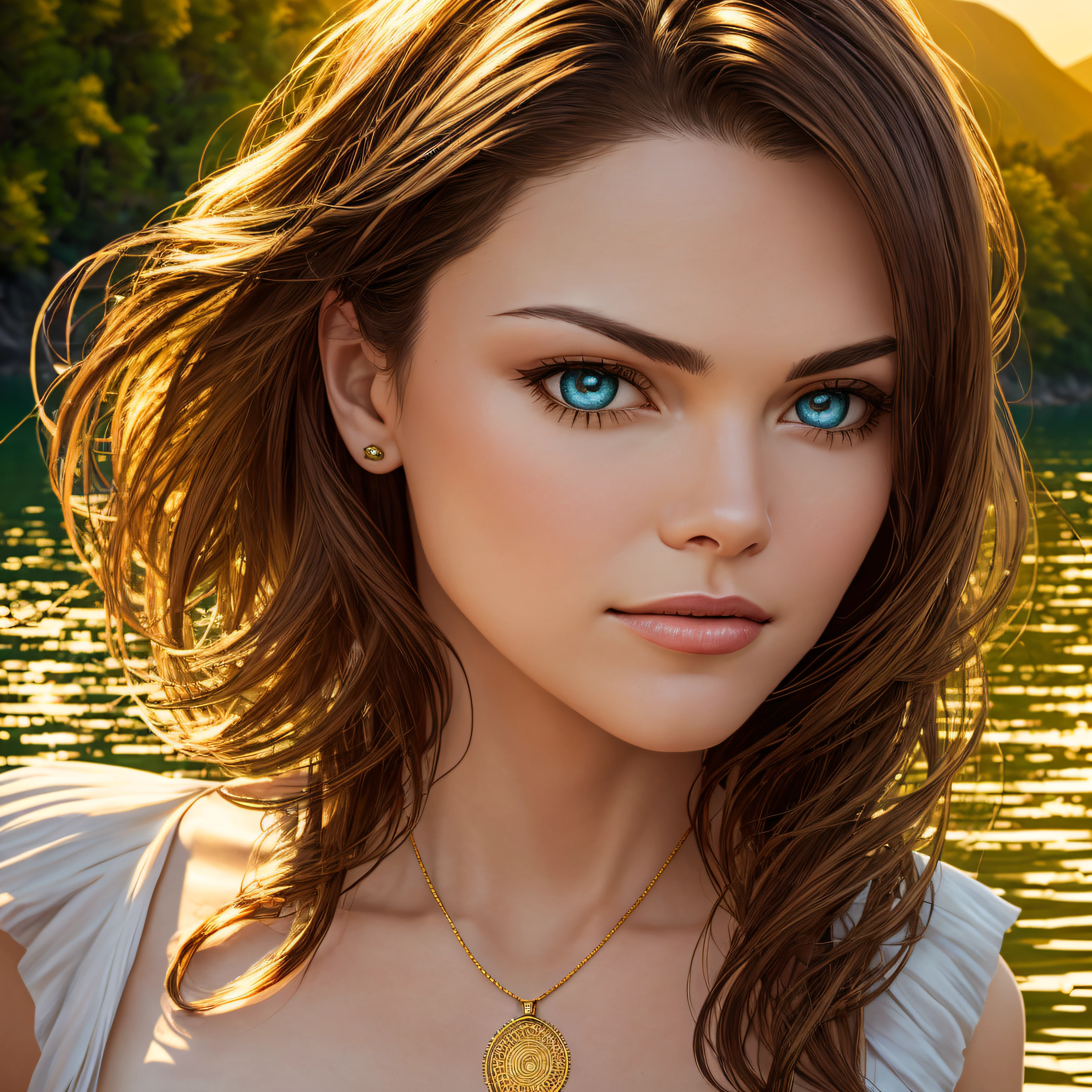Michelle Pfeiffer, Realistic face, masterpiece,high detailed, high quality,serene expression, mesmerizing eyes, long straight hair, flowing dress, balanced posture, porcelain skin, subtle blush, crystal pendant BREAK golden hour, (rim lighting): 1.2, warm tones, sunshine, soft shadows, vibrant colors, pictorial effect, dream atmosphere BREAK scenic lake, distant mountains, willow, calm water, reflection, sunlit clouds, tranquil environment, idyllic sunset, ultra detailed, official art, unity 8k wallpaper, zentangle, mandala --auto