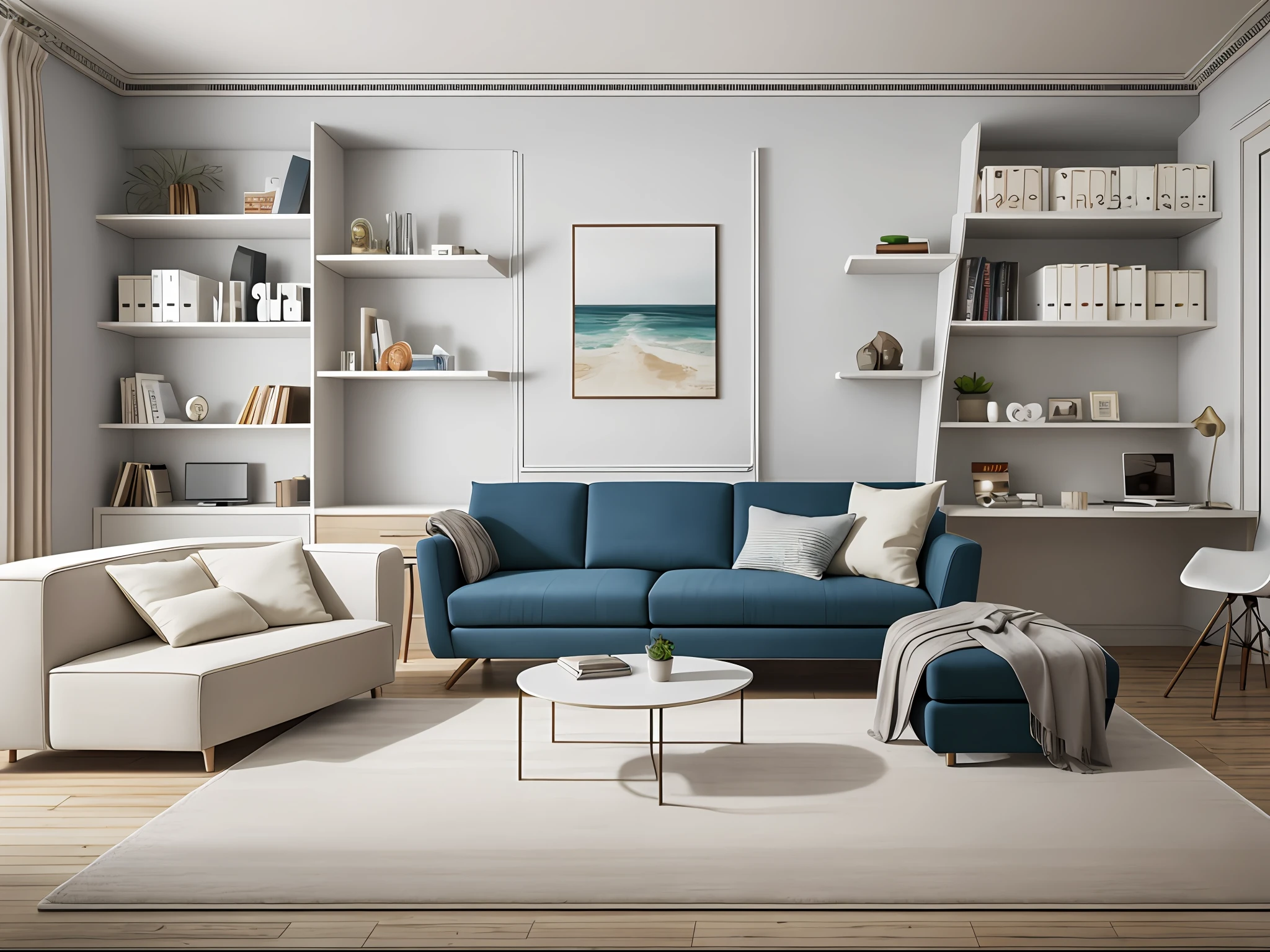 home office, interior design, modern style, sofa, carpet, shelves, white, hyperrealistic, symmetry, wide shot, studio light | dof:-1.0.