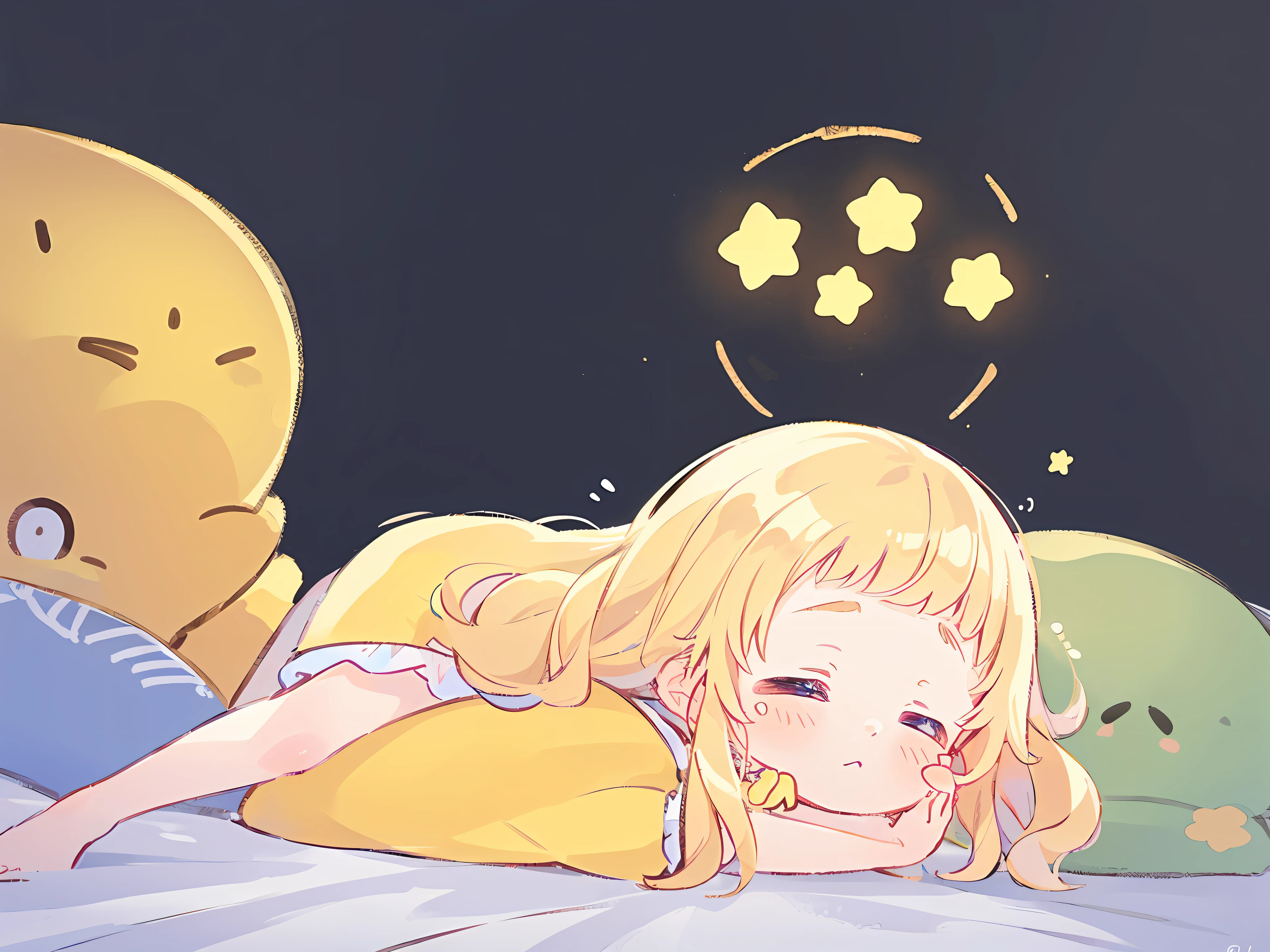 Top Quality, Masterpiece, Ultra High Resolution, Pretty Facial Features, Flat Design, Yellow Themes, Shoshi no Ko, Hoshino Ai, (Sleepy Eyes: 1.1), (Cute Yellow Night Dress), Cute, One Hand on Face, Bedtime, Disheveled Long Hair,
(simple dark background), giant stars shining in the dark, cure, ziyu,