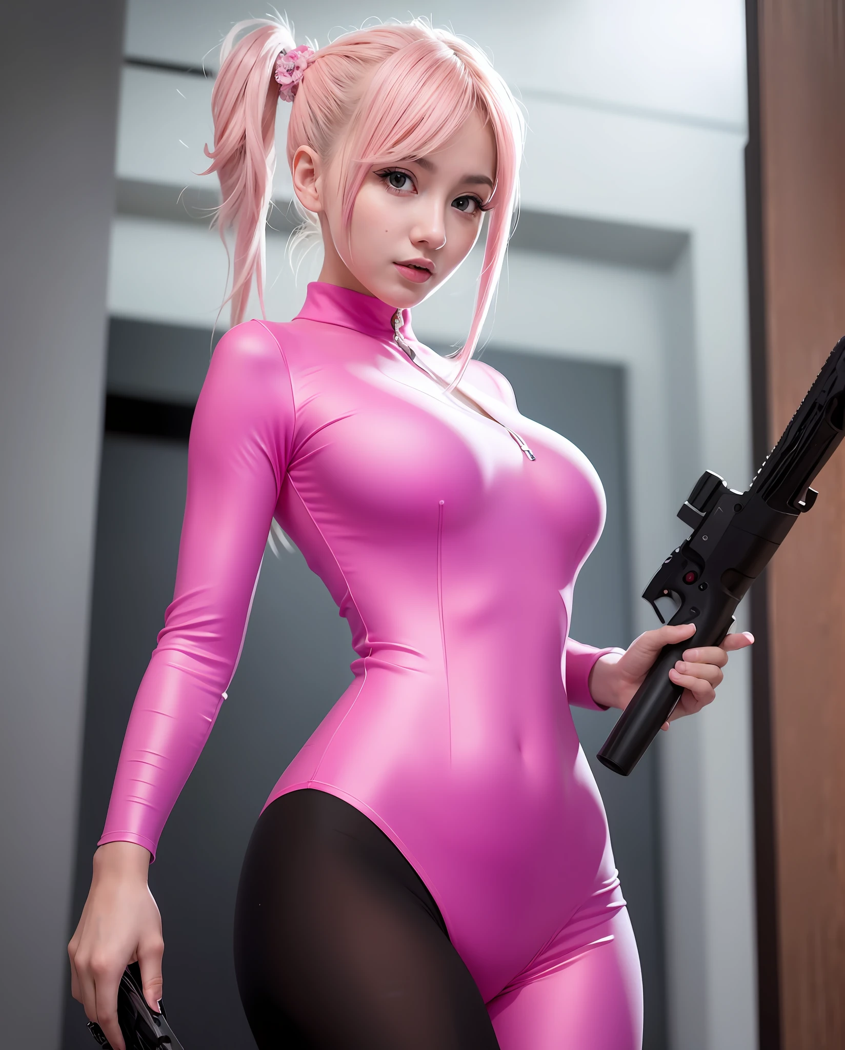 best quality, masterpiece, illustration, an extremely delicate and beautiful, extremely detailed, CG, drive, amazing, finely detailed, official art, extremely detailed CG, absurdres, incredibly absurd, huge file size, ultra-detailed, highres, beautiful detailed girl, extremely detailed eyes and face, beautiful detailed eyes, light on face, cinematic lighting, 1girl, full body, full body shot, looking at the viewer, ((light pink hair)), red eyes, ((happiness)), best detailed background, (smile), twintails, sexy, big chest, ((nudes)), no clothes.