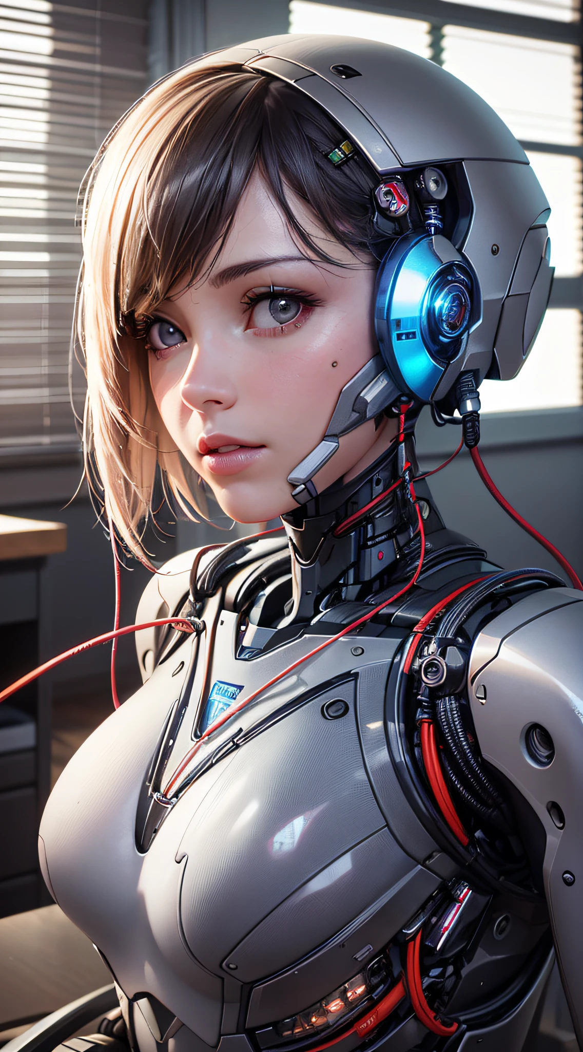 (8k, RAW photo, best quality, masterpiece:1.2), (realistic, photo-realistic:1.37), ultra-detailed, wallpaper, 1girl, cute, lookalike (Watanabe-Mayu), detailed face, (cyborg eye), short hair), (ultra detailed complex 3d render of a sci-fi white iron suit:1.2), (android face:1),facing the camera, (cyborg), (robotic parts), (luxurious cyberpunk), (hyper-realistic), (anatomical), (electric cable wires),  (microchip), (robot), (silver halmet), (Sits upright in an office chair), (full body:1), detailed office, morning, professional lighting, cinematic lighting, photon mapping, radiosity, physical rendering,