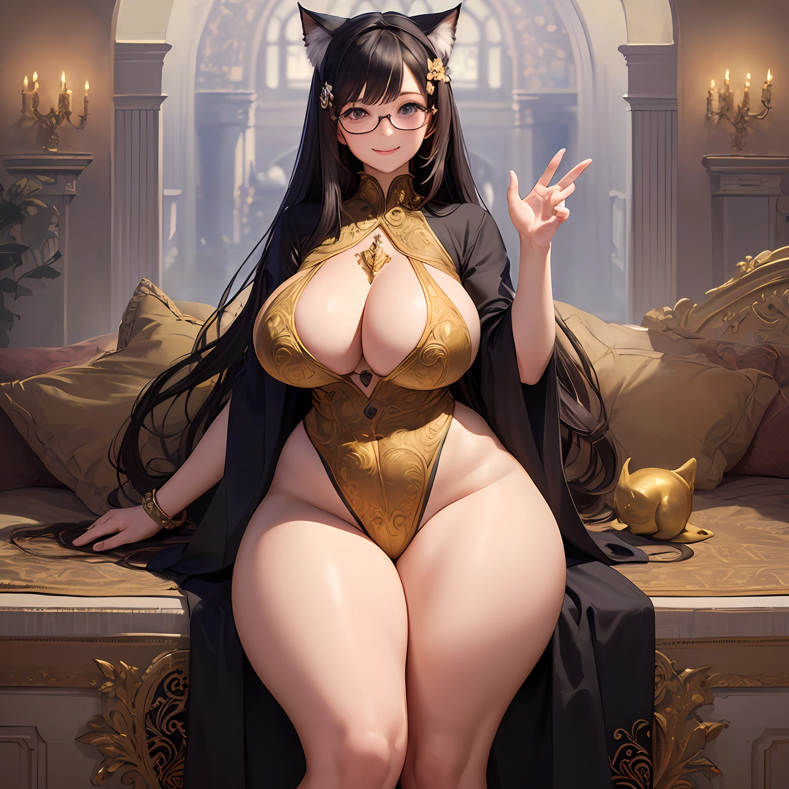 (masterpiece, best quality, beautiful, aesthetic, perfect, intricate, exquisite:1.2), 1girl, cute, adorable, (kawaii:1.25), cat ears, glasses, (curvy:1.5), (huge breasts, thick thighs:1.25), wide hips, happy smile, looking at viewer --auto