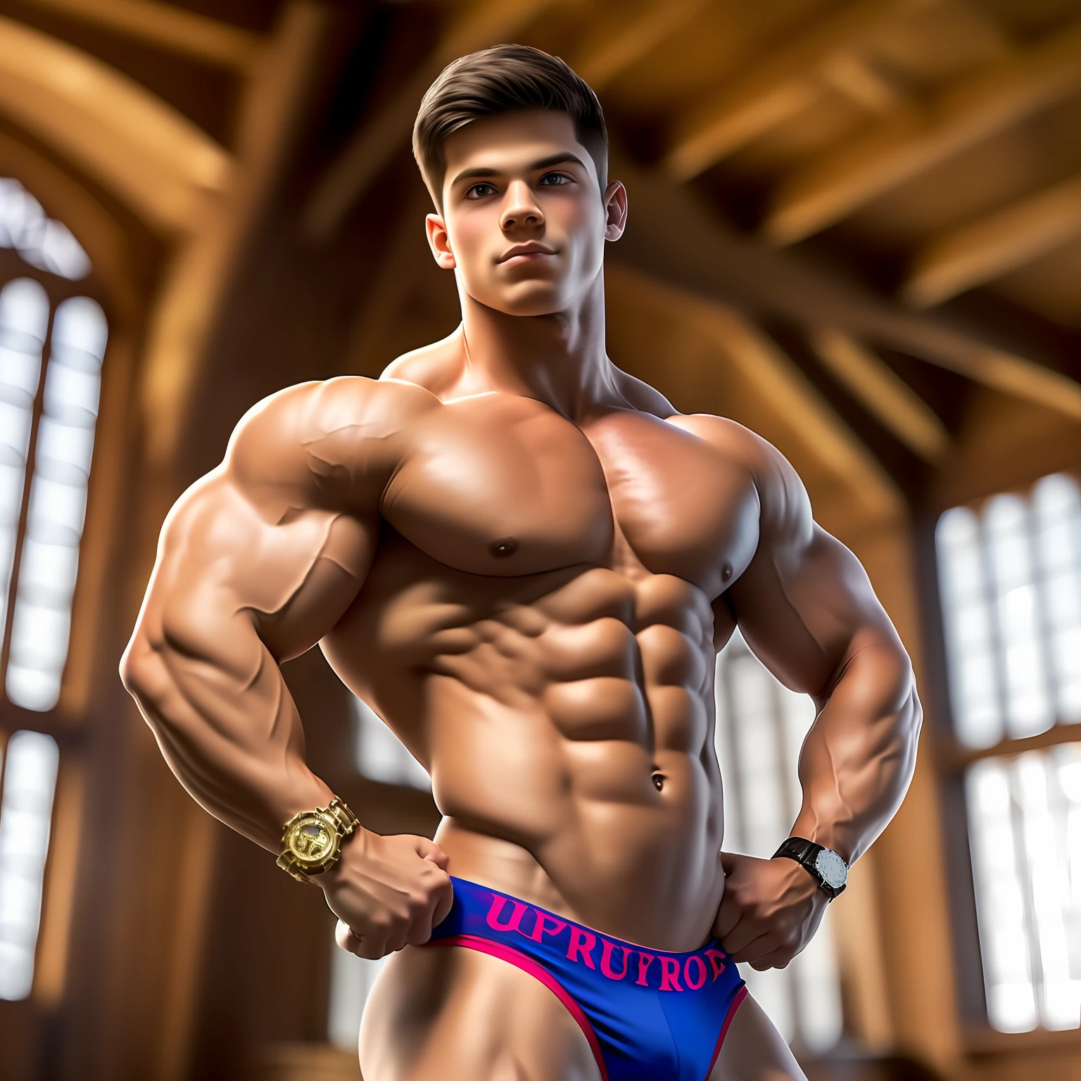 18 year old frat bro, super buff and cool, with a cute face, confidently flaunts his bodybuilding-inspired attire with charm and style he soaks up the sun at a tudor revival fraternity house, upper body