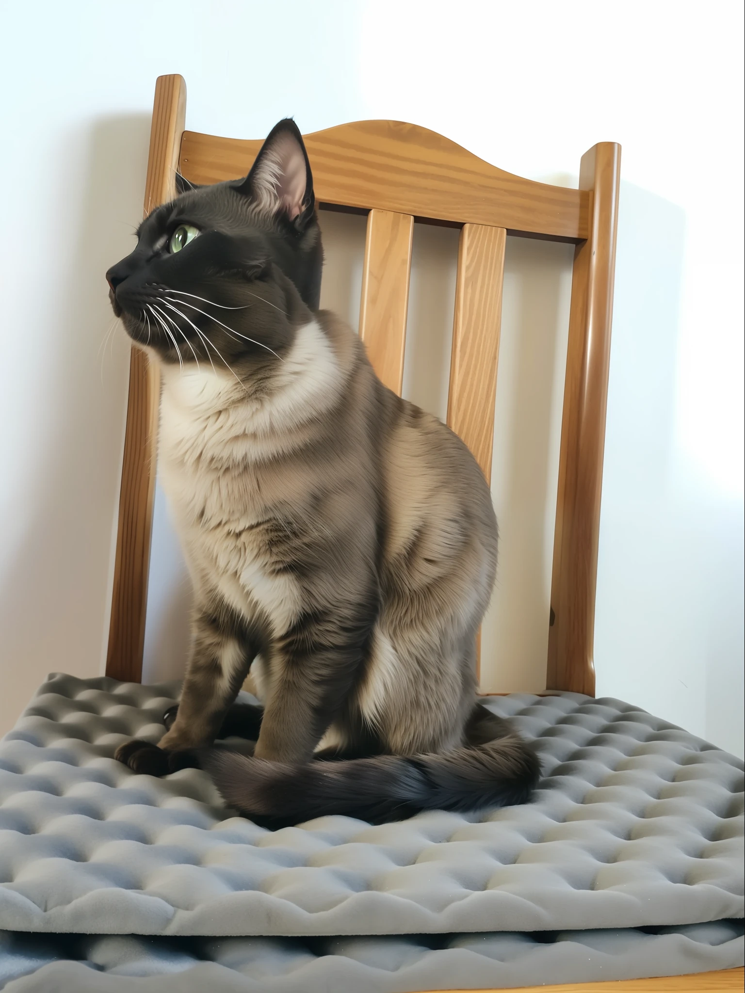 there is a cat sitting on a chair on a cushion, aesthetic siamese cat, sitting on chair, a cat sitting in a chair, proud looking away, sitting on a bed, sitting on the bed, sitting on a chair, sittin, sitting on his throne, sitting on her bed, sitting on her throne, regal pose, sitting on the throne