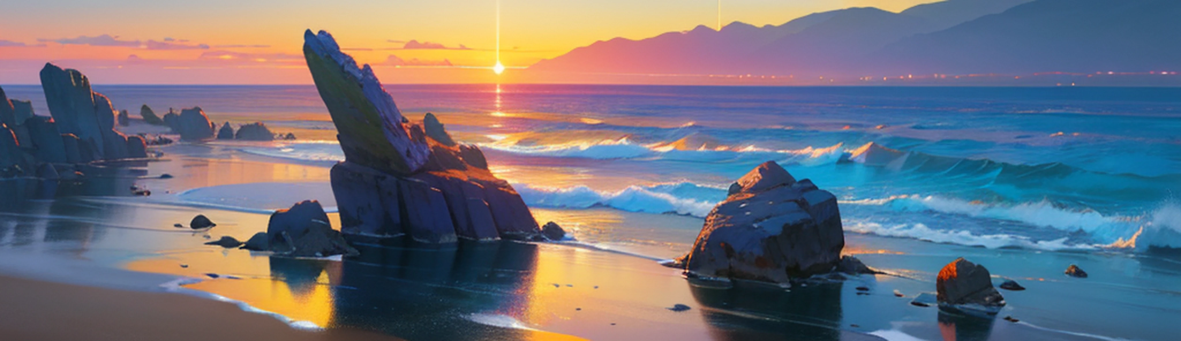 photo of a beach with rocks and water and a sunset, chaotic sea setting, very detailed digital painting, detailed matte fantasy painting, illustration matte painting, by Todd Lockwood, highly detailed digital painting, by Brian Thomas, detailed digital painting, ocean and rock landscape, by Jason Benjamin, by Dan Christensen, seascape, detailed soft painting, 8k resolution digital painting