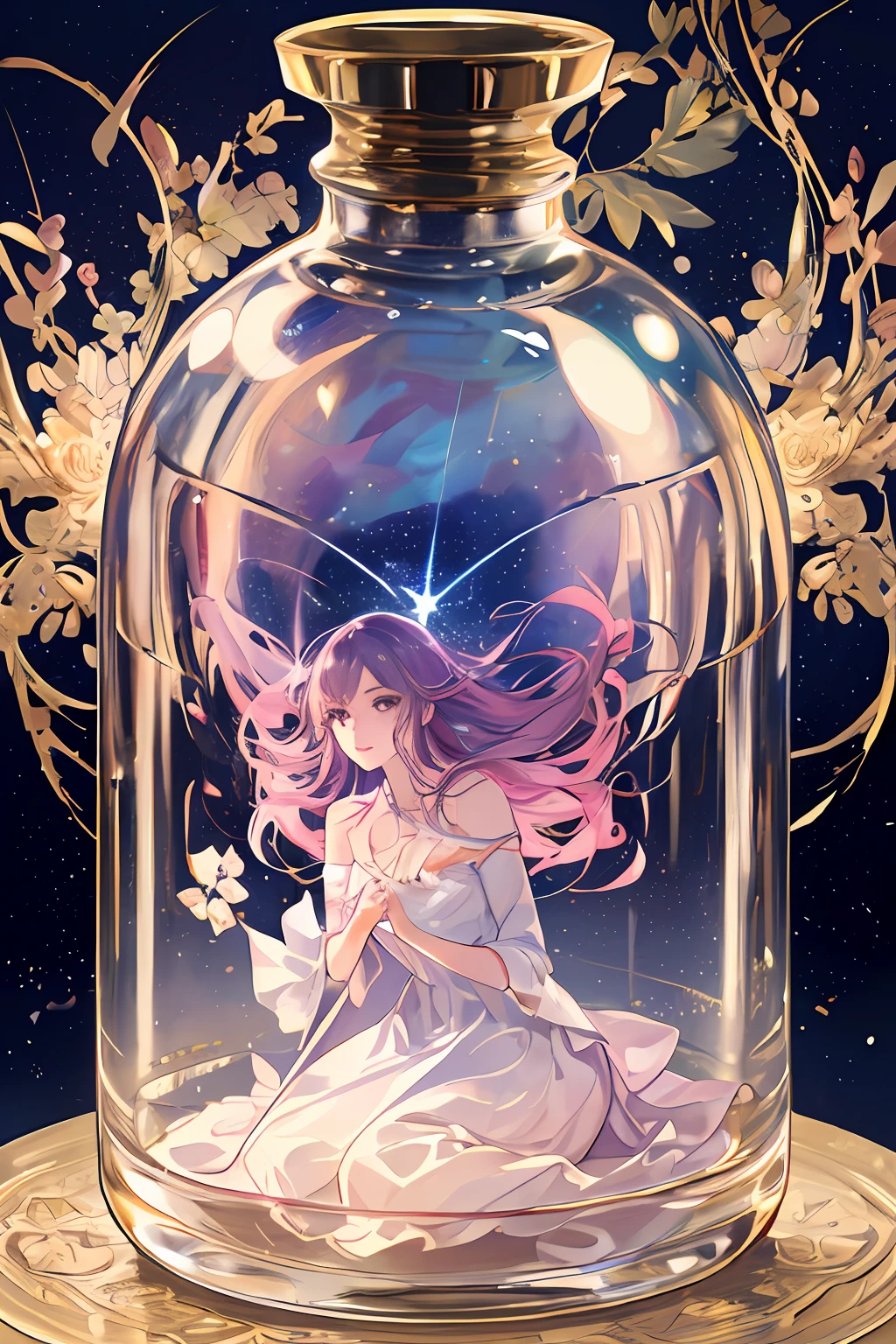 complex background, wishing star background, woman inside of the bottle wearing a ethereal mystical pink traslucent dress that reflects the stars , perfume promo art, mystic,complex drawing, highly detailed, Covergirl brand, promo art,a woman inside of a perfume bottle. artistic rendition, ethereal, starry night, midjourney style