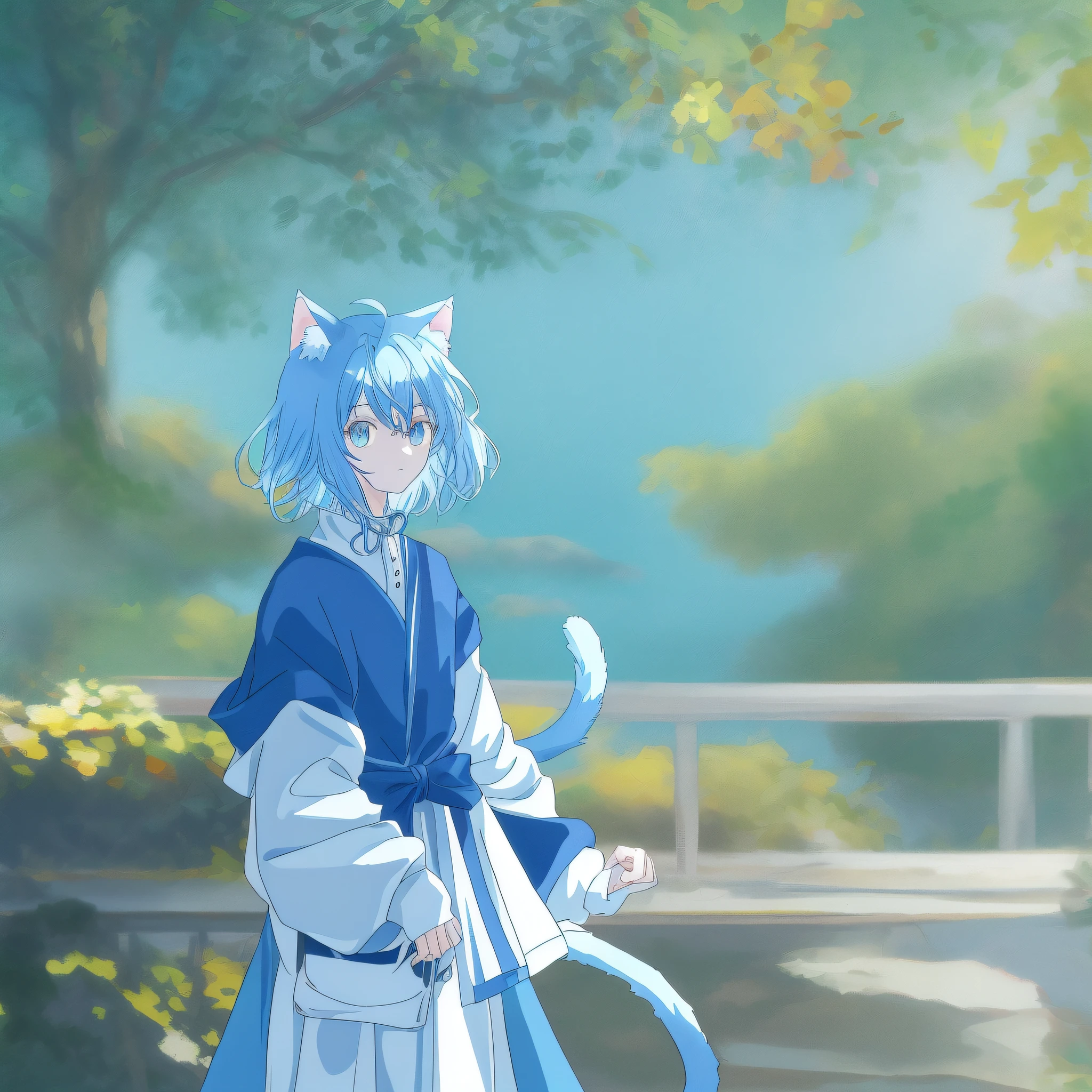 High detail, natural light, light blue tone, people stand 3/4, anime style, cute cat man in white clothes with blue hair, two cat ears and a cat tail