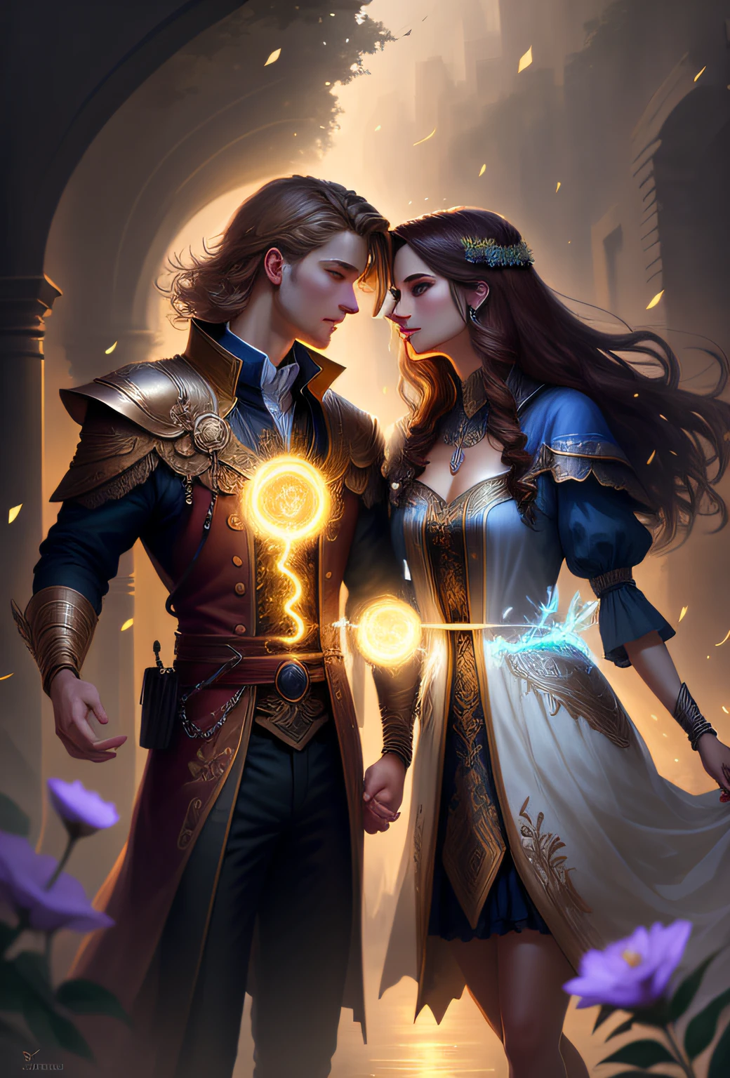 A bright light descends from the sky under a man, a young man of 26 years, blond hair, with blue eyes, who is holding hands with a woman, young man of 20 years, brown hair, brown eyes, in a beautiful garden with many flowers.  Standard human body, two legs, two arms, perfect hands, high definition face, perfect human face, digital illustration, oil painting, high quality, dynamic lighting, ethereal lighting, ultra detail, elegant, masterpiece