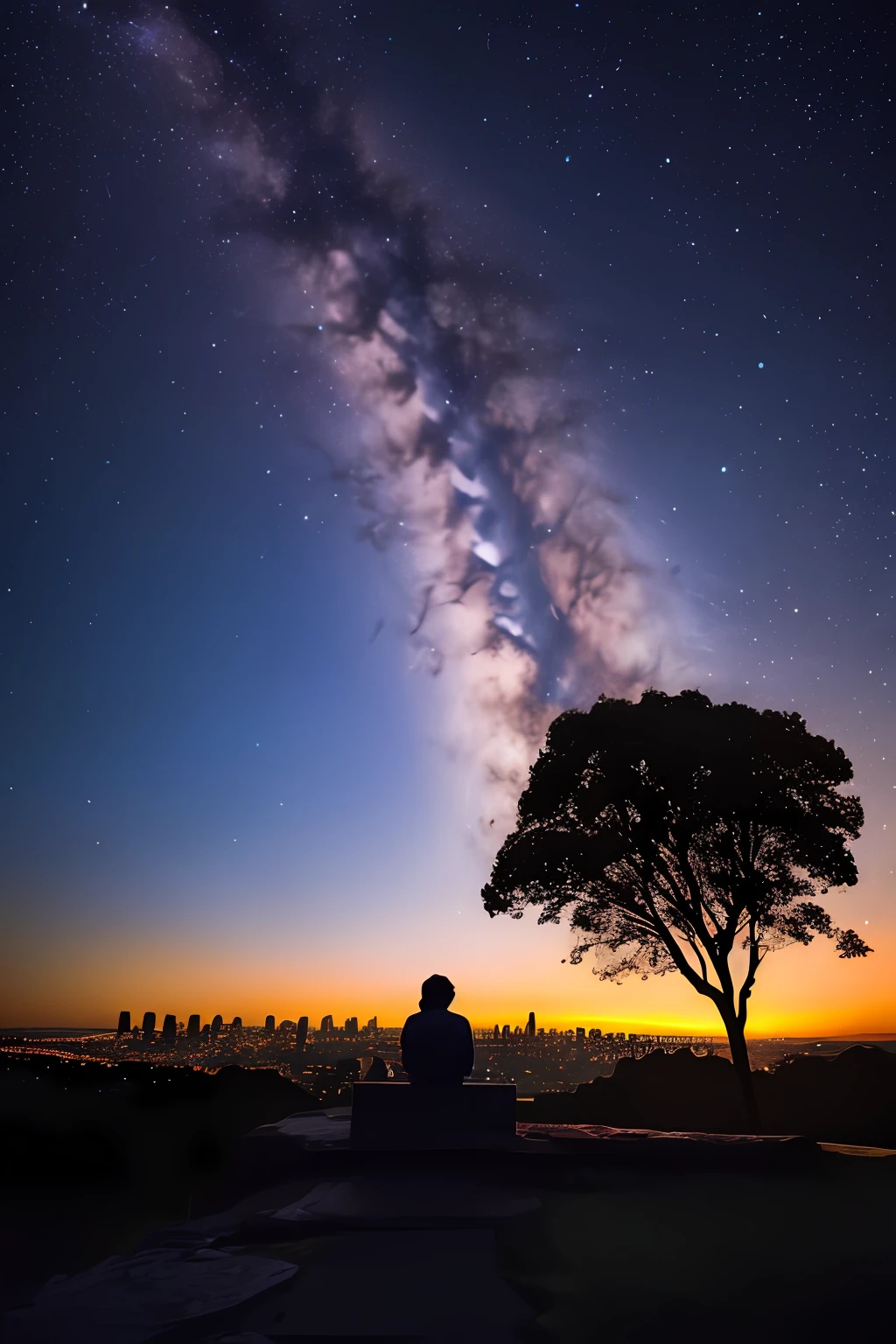sky, star, landscape, starry sky, night, only child, night sky, solo, outdoor, signature, building, clouds, milky way, sitting, tree, long hair, city, silhouette, cityscape