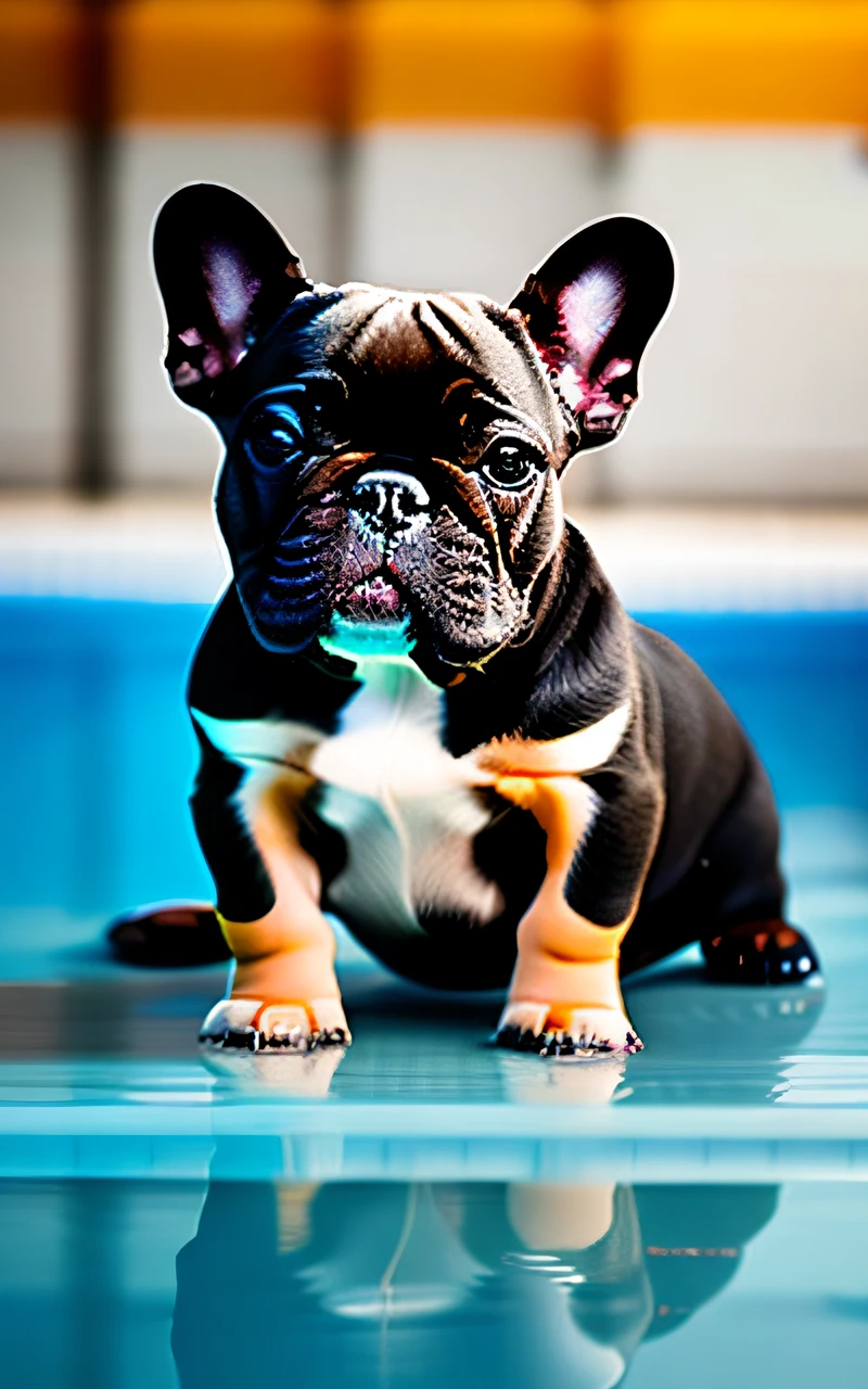 hyper Quality,Cute two French Bulldog puppies,different body colors,swimming in the pool,black eyes,barking,narrow eyes,smile,eos r3 28mm
