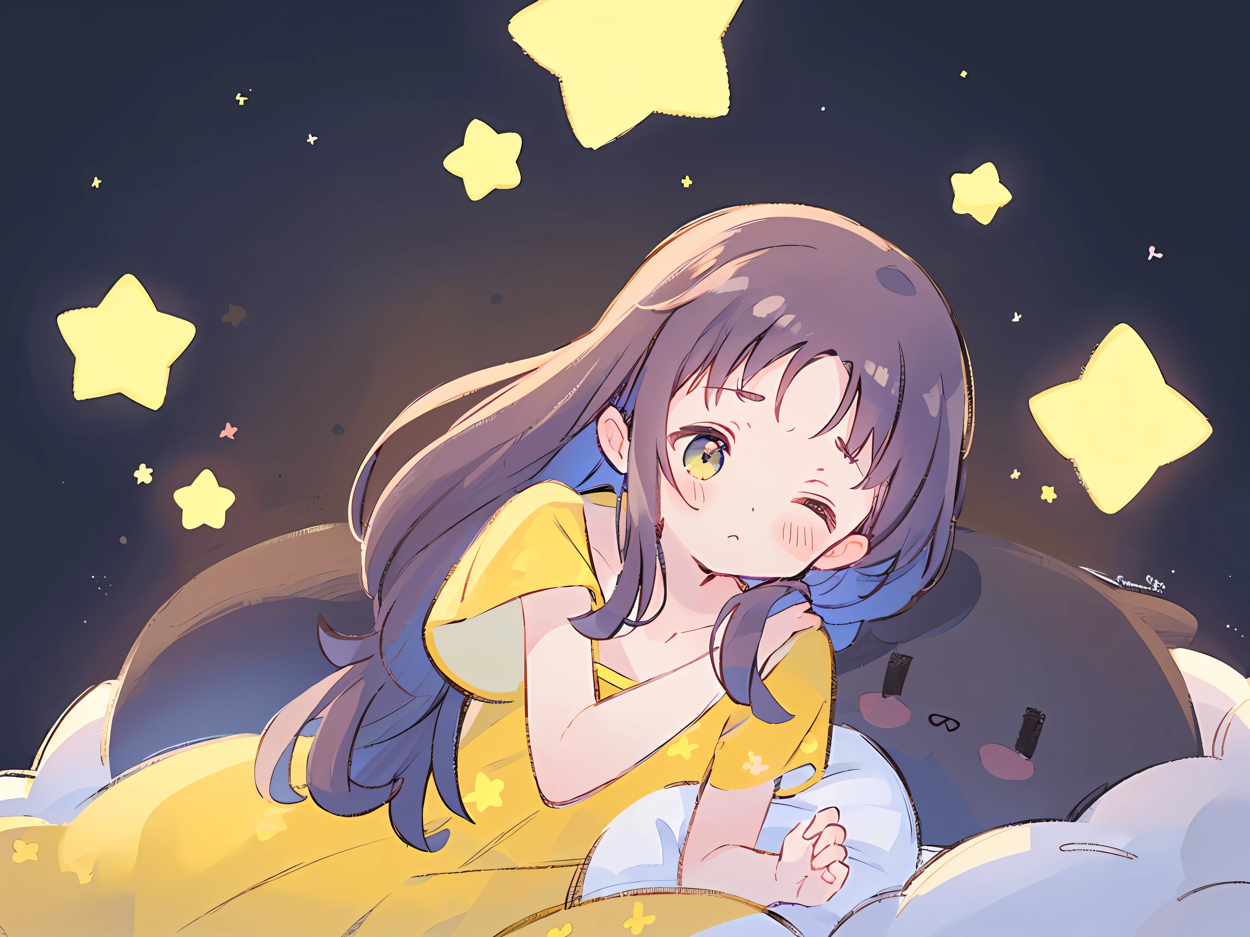 Top Quality, Masterpiece, Ultra High Resolution, Pretty Facial Features, Flat Design, Yellow Themes, Shoshi no Ko, Hoshino Ai, (Sleepy Eyes: 1.1), (Cute Yellow Night Dress), Cute, One Hand on Face, Bedtime, Disheveled Long Hair,
(simple dark background), giant stars shining in the dark, cure, ziyu,