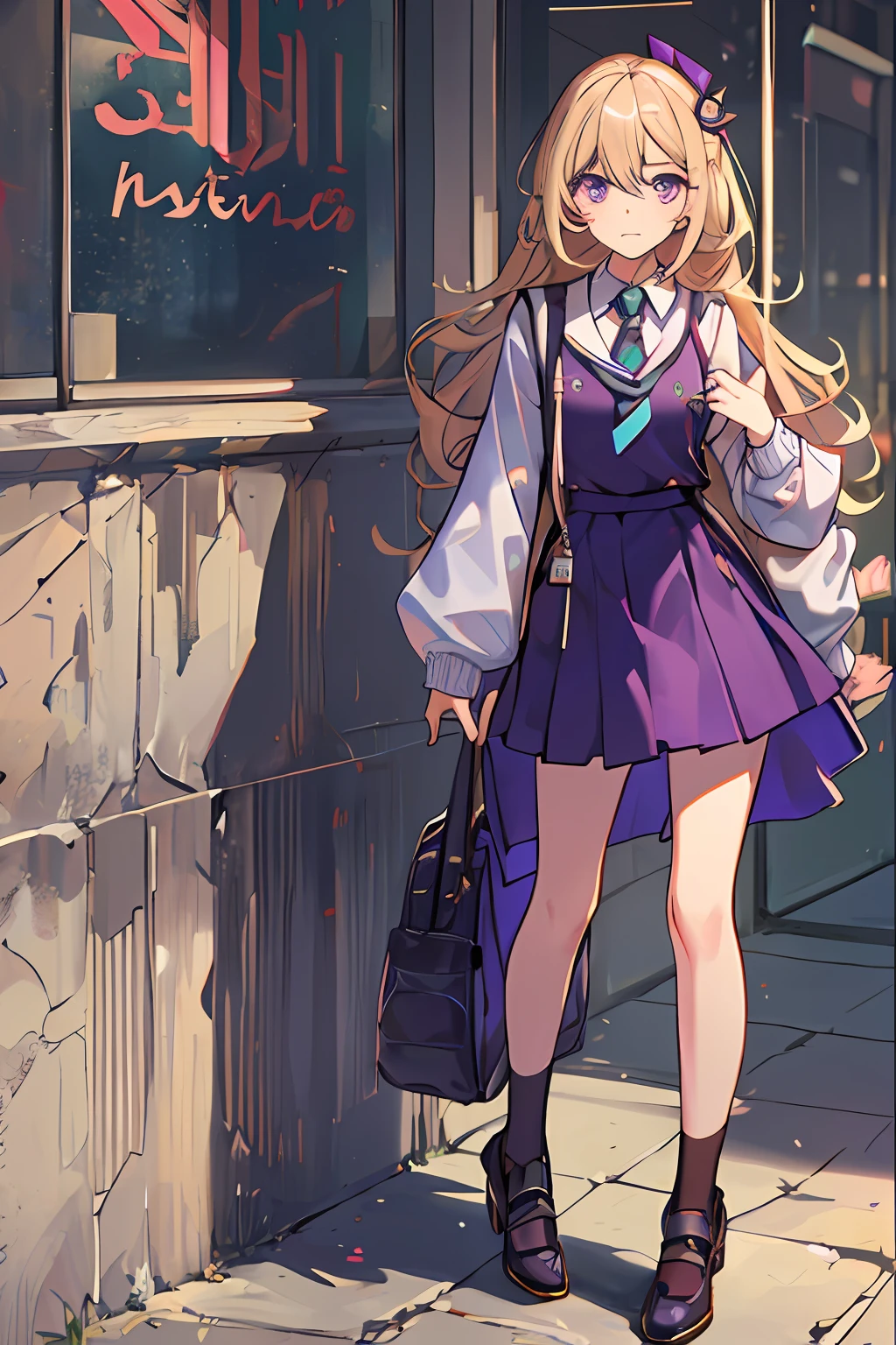 Identity V, Kaede has shoulder-length light blonde hair, purple eyes, and a prominent chokehold. She uses silver hairpins shaped like musical notes. He wears his high school uniform, which consists of a white long-sleeved shirt complete with a light purple hemmed sweater vest adorned with a reddish-brown badge and tie. She wears a purple skirt adorned with a black music cane and a pattern of notes, purple stockings reaching below her knees and beige shoes, Kaede also carries a square-shaped white backpack.