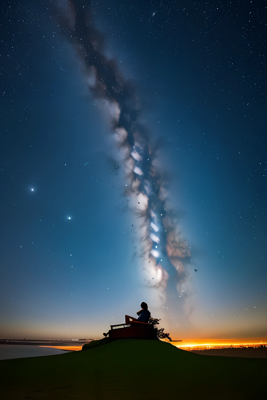 sky, star, landscape, starry sky, night, only child, night sky, solo, outdoor, signature, building, clouds, milky way, sitting, tree, long hair, city, silhouette, cityscape