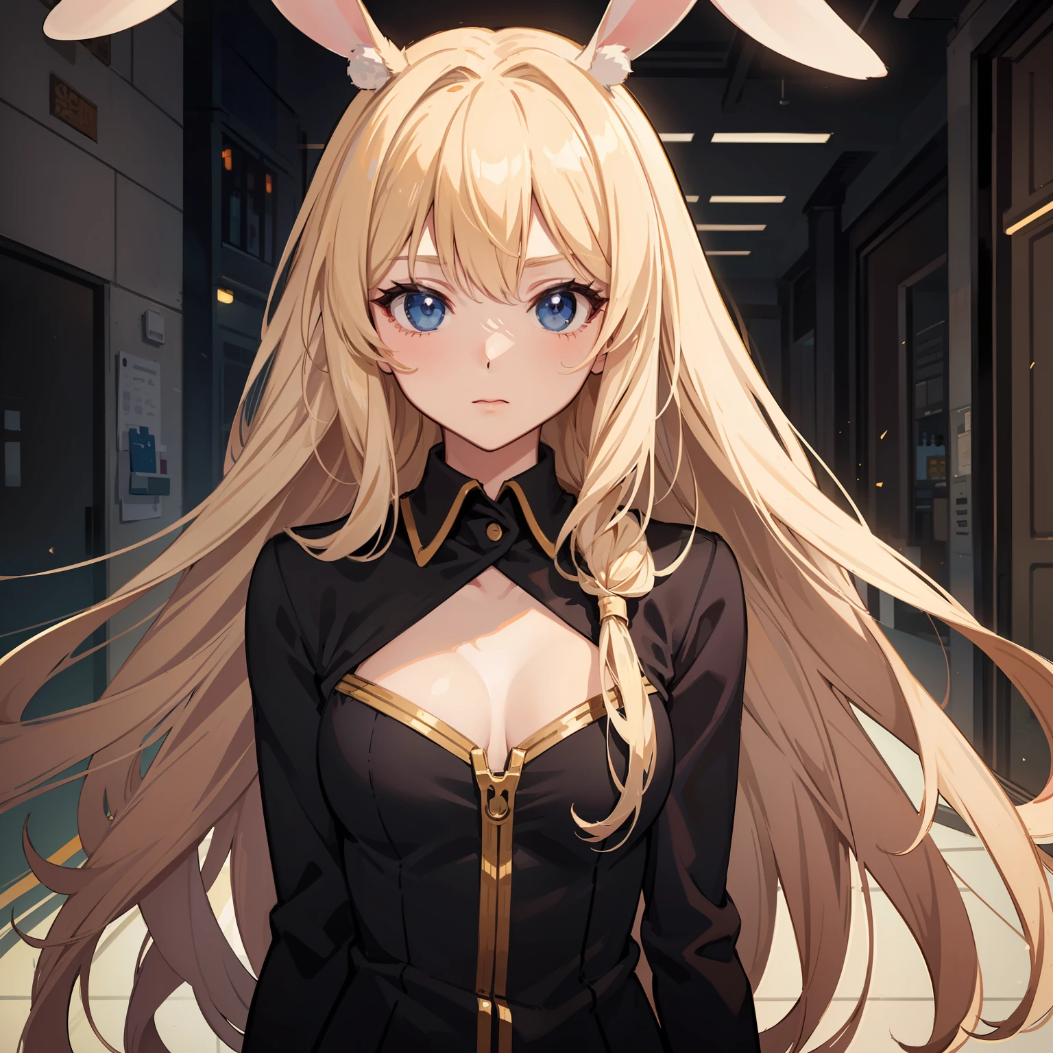 Anime drawing of a girl with long blonde hair, ((Rabbit-eared girl)),blueprint,Distraught,