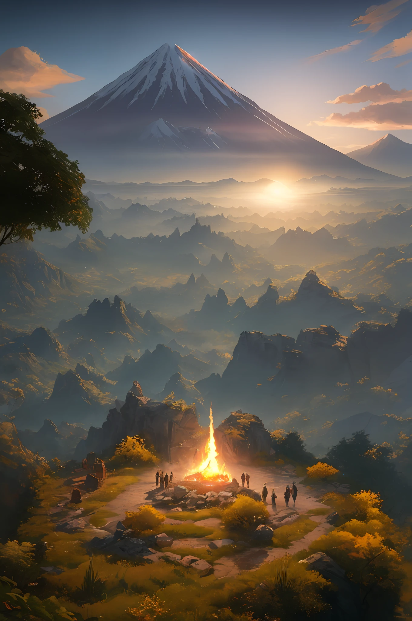 there is a mountain with a fire in the middle of it, most epic landscape, 4k highly detailed digital art, Direction: Raphael Lacoste, unreal engine 5 digital art, 8k stunning artwork, paisagem lindamente iluminada, 8k fantasy art, Unreal Engine Arte de fantasia, 4k fantasy art, James Gurney e Andreas Rocha, Chengwei Pan em ArtStation