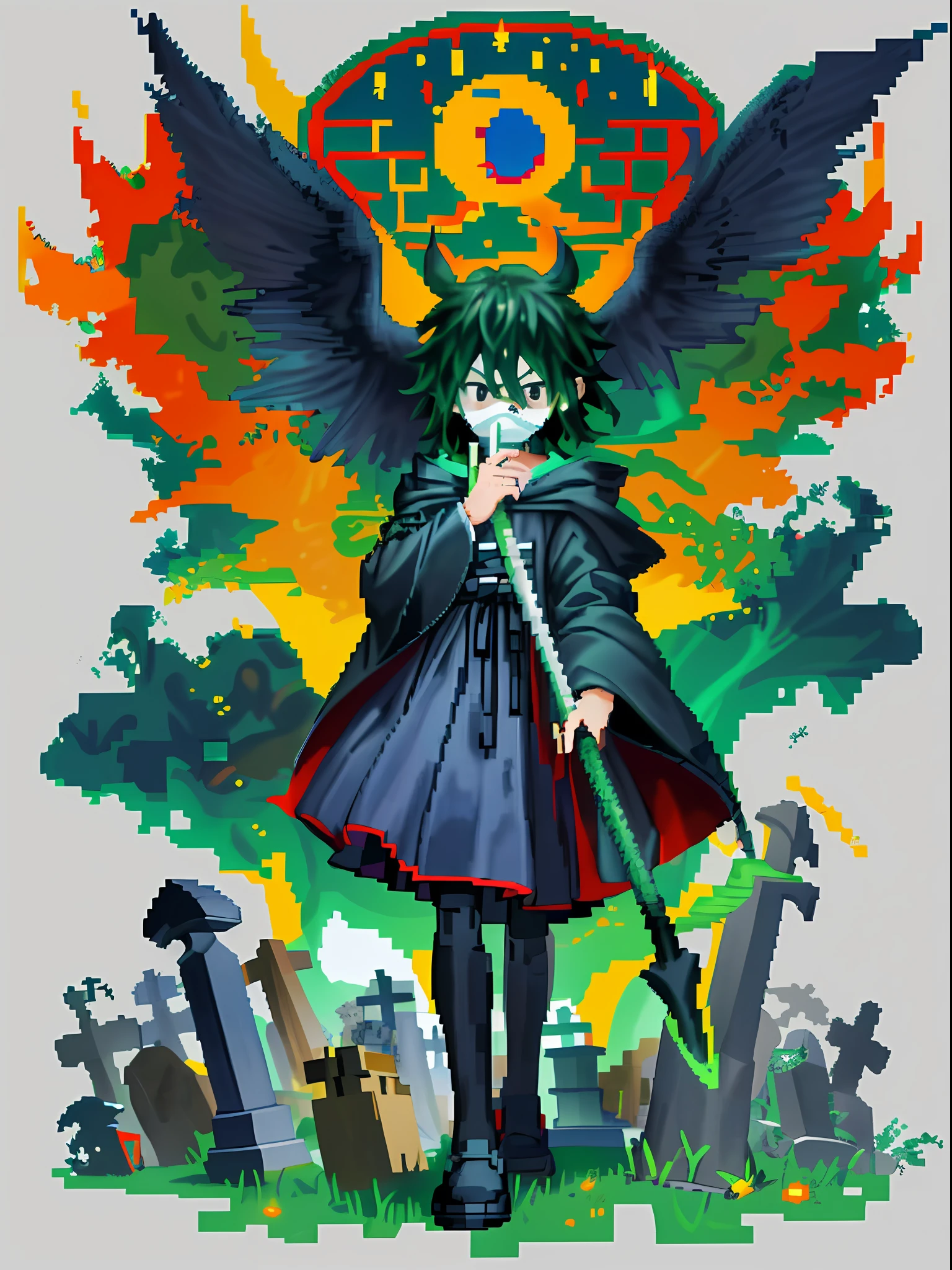 (Pixel art_1.1) anime illustration of (1 child)Izuku Midoriya with falling rat ears in a (tense posture), surrounded by a (cemetery with souls). Wrapped in a dark robe and plague doctor mask, a scythe in one hand and a crimson moon in the other. (Color palette: navy blue, foam green, white, yellow bits), pixel art, pixel, voxel, 8-bit, 16-bit, isometric, game asset, game character, Stardew Valley, Maple Story, official art