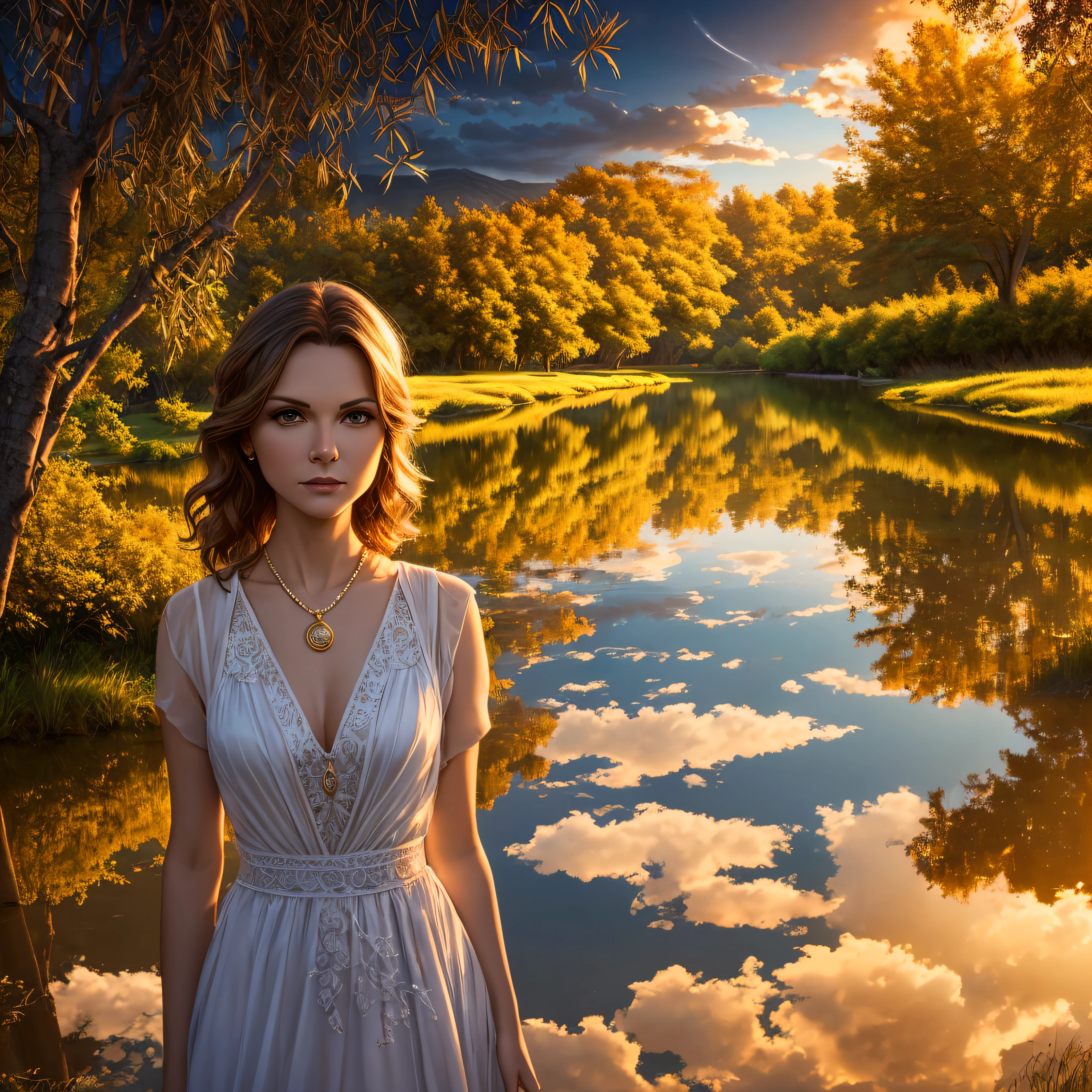Michelle Pfeiffer, Realistic face, high detailed, high quality, serene expression, mesmerizing eyes, long straight hair, flowing dress, balanced posture, porcelain skin, subtle blush, crystal pendant BREAK golden hour, (rim lighting): 1.2, warm tones, sunshine, soft shadows, vibrant colors, pictorial effect, dream atmosphere BREAK scenic lake, distant mountains, willow, calm water, reflection, sunlit clouds, tranquil environment, idyllic sunset, ultra detailed, official art, unity 8k wallpaper, zentangle, mandala --auto