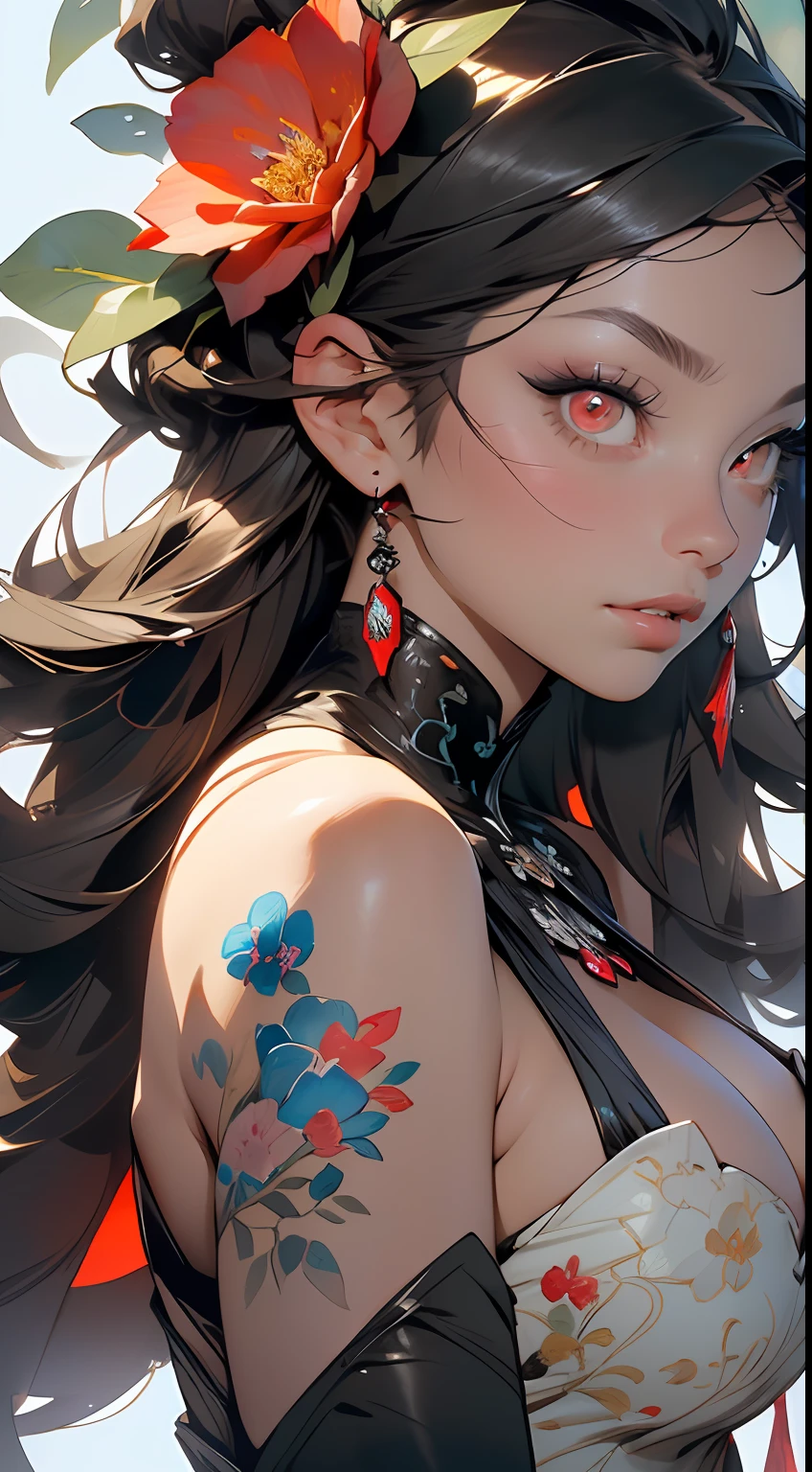 fundo, misto-language_text, letras japonesas em graffit, mulher linda , longos cabelos negros,::((melhor qualidade)), ((obra-prima)), (muito detalhado:1.3)(masterpiece:1.2, best quality), (finely detailed beautiful eyes: 1.2), ((1girl ASHLEY ALEXISS beautiful woman )), ((solo)), (red eyes:1.4), (finely detailed eyes and detailed face:1.3),), (dress:1.3), (beautiful and clear background:1.2), (extremely detailed CG, ultra-detailed, best shadow:1.1), ((depth of field)), ((watercolor)), large breasts, bare shoulders, flowers and petals, beautiful concept illustration , (white background:0.5), (illustration :1.1), (extremely fine and beautiful:1.1), (perfect details:1.1)