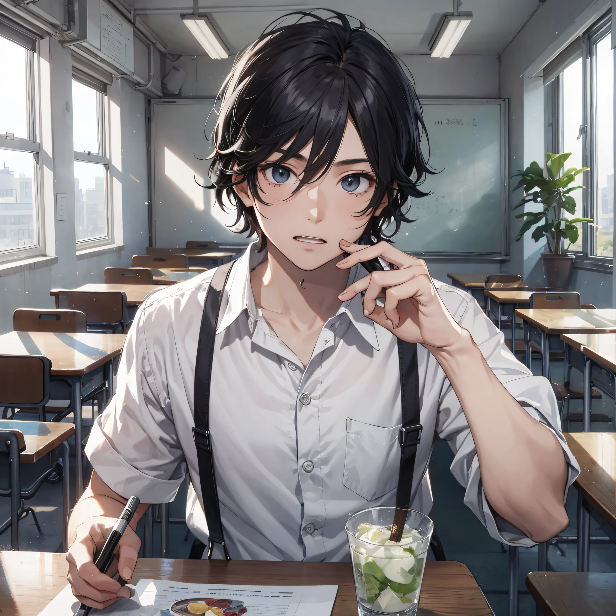 Ridiculous resolution, high resolution, (masterpiece: 1.4), hyper-detail, classroom, young man messy black hair, white suspenders, looking at small mirror, surprised expression