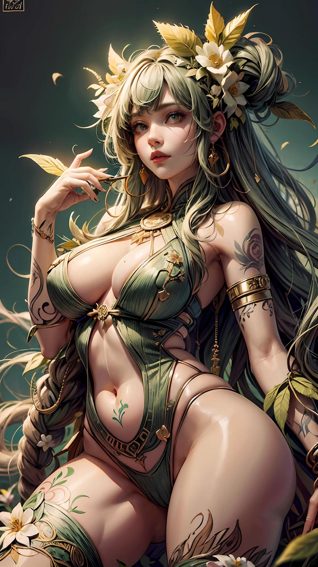 ankymoore, visão de baixo pra cima, the goddess of marijuana and fertility, 1rapper with dread hair with tattoos, green sexy clothes(cameltoe), thick body, sexy, graffitti background, (masterpiece), (best quality:1.2), absurdres, intricate details, flowers, leaves, roots