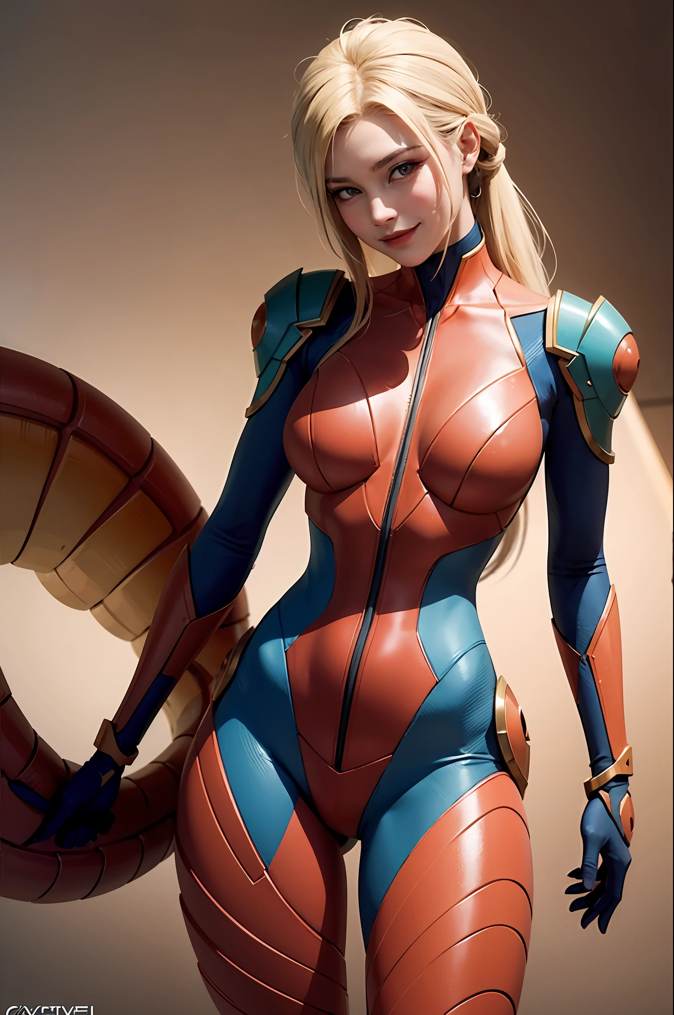 Metroid suit, woman in hot insect shell, Guyver style, bewitching, evil smile, scaraber reploid, bellows tail, cel shade adult animation,