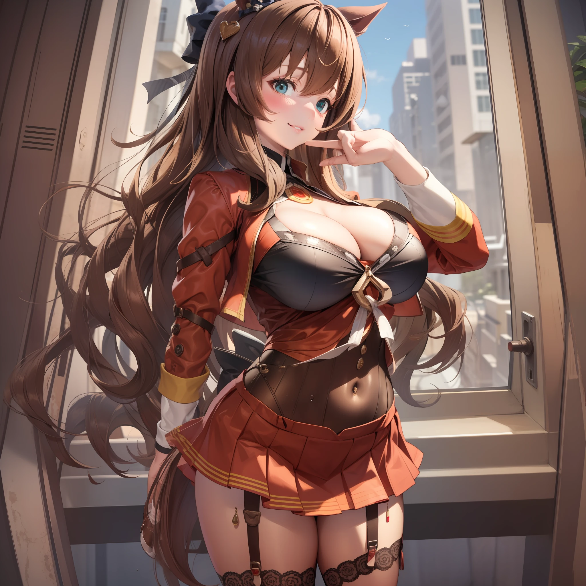 (Best Masterpiece: 1.3), (Best Quality: 1.3), Red Costume, Sailor Suit, Mini Skirt, Garter Belt, Knee High Socks, High Heel Boots, Long Hair, Brown Hair, Black Ribbon, Moist Eyes, Right Hand on the Back of the Head, Left Hand on Hips, Wink, Slouch, Lightly Open Lips, Calm Expression, Smile, Shy, Shy, (Huge Breasts: 1.3), Clear Cleavage