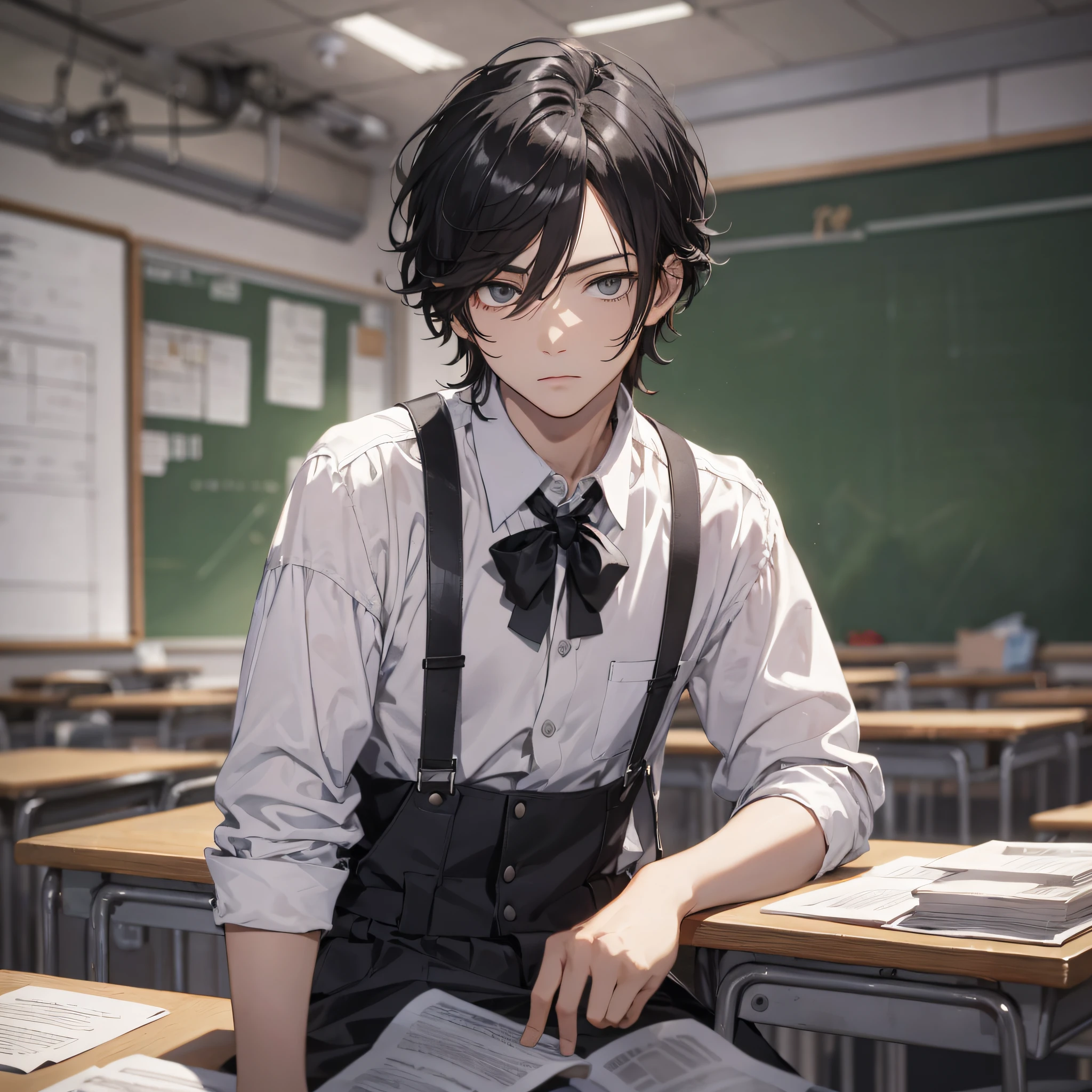 Ridiculous resolution, high resolution, (masterpiece: 1.4), hyper-detail, classroom, young man messy black hair, white suspenders, sitting, puzzled eyes