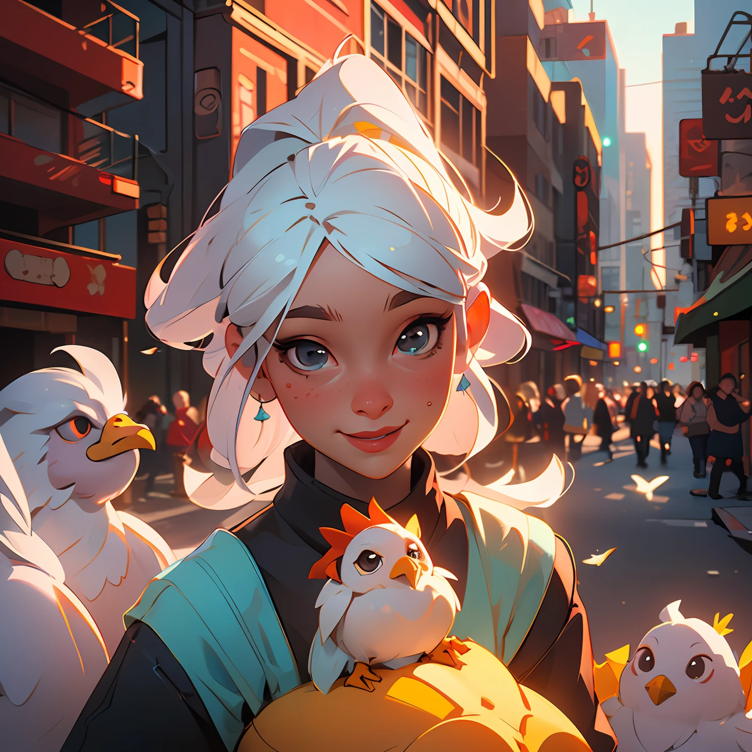 (8k, RAW photo, best quality, masterpiece: 1.2), (realistic, photoreal: 1.37) (charming chick), portrait, cute, cityscape, professional lighting, photon mapping, radiosity, physically based rendering, smile, bird's nest, (cool chicken)