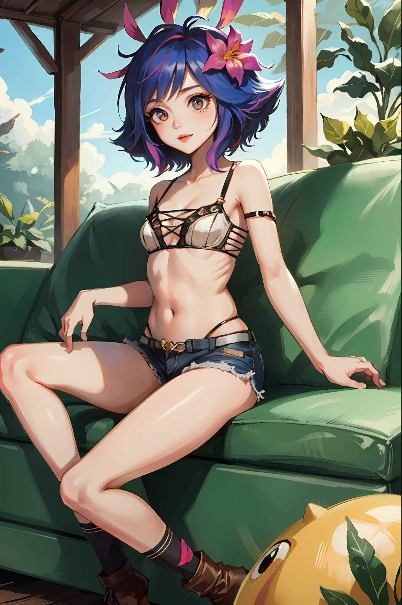 ((Cinematic light, Best quality, 8k, Masterpiece :1.3)), 1girl, Beautiful woman smiling with thin abs :1.4, (purple hair, small breasts :1.3), jean shorts, bra :1.2, hopefully falling off, seductive open lips, sofa, ultra-detailed face, detailed eyes, double eyelidwork, best quality, Neeko, hair ornaments, hair flower, trying to catch apple on tree, rainforest background, bottom-up view