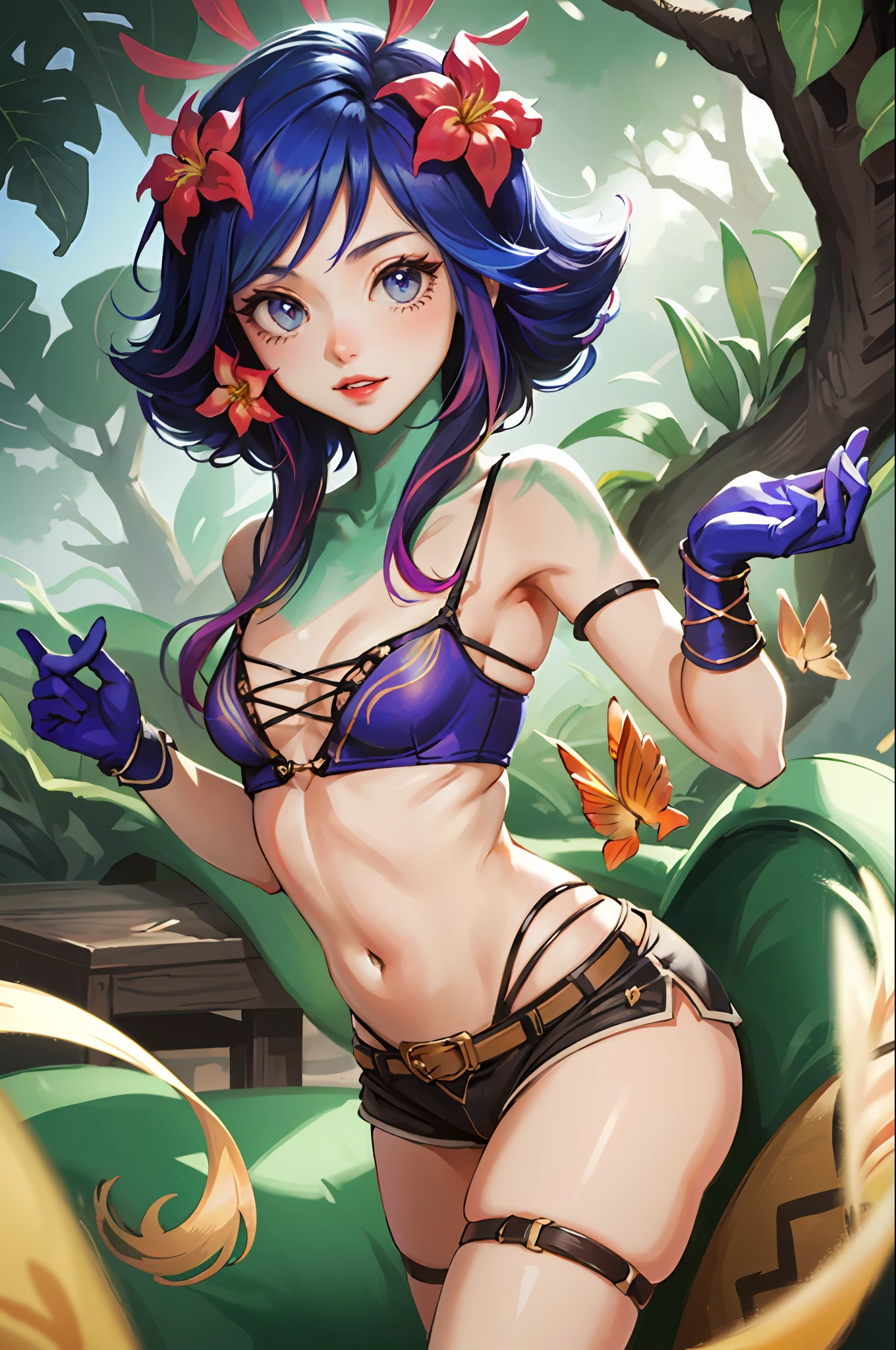((Cinematic light, Best quality, 8k, Masterpiece :1.3)), 1girl, Beautiful woman smiling with thin abs :1.4, (purple hair, small breasts :1.3), jean shorts, bra :1.2, hopefully falling off, seductive open lips, sofa, ultra-detailed face, detailed eyes, double eyelidwork, best quality, Neeko, hair ornaments, hair flower, trying to catch apple on tree, rainforest background, bottom-up view