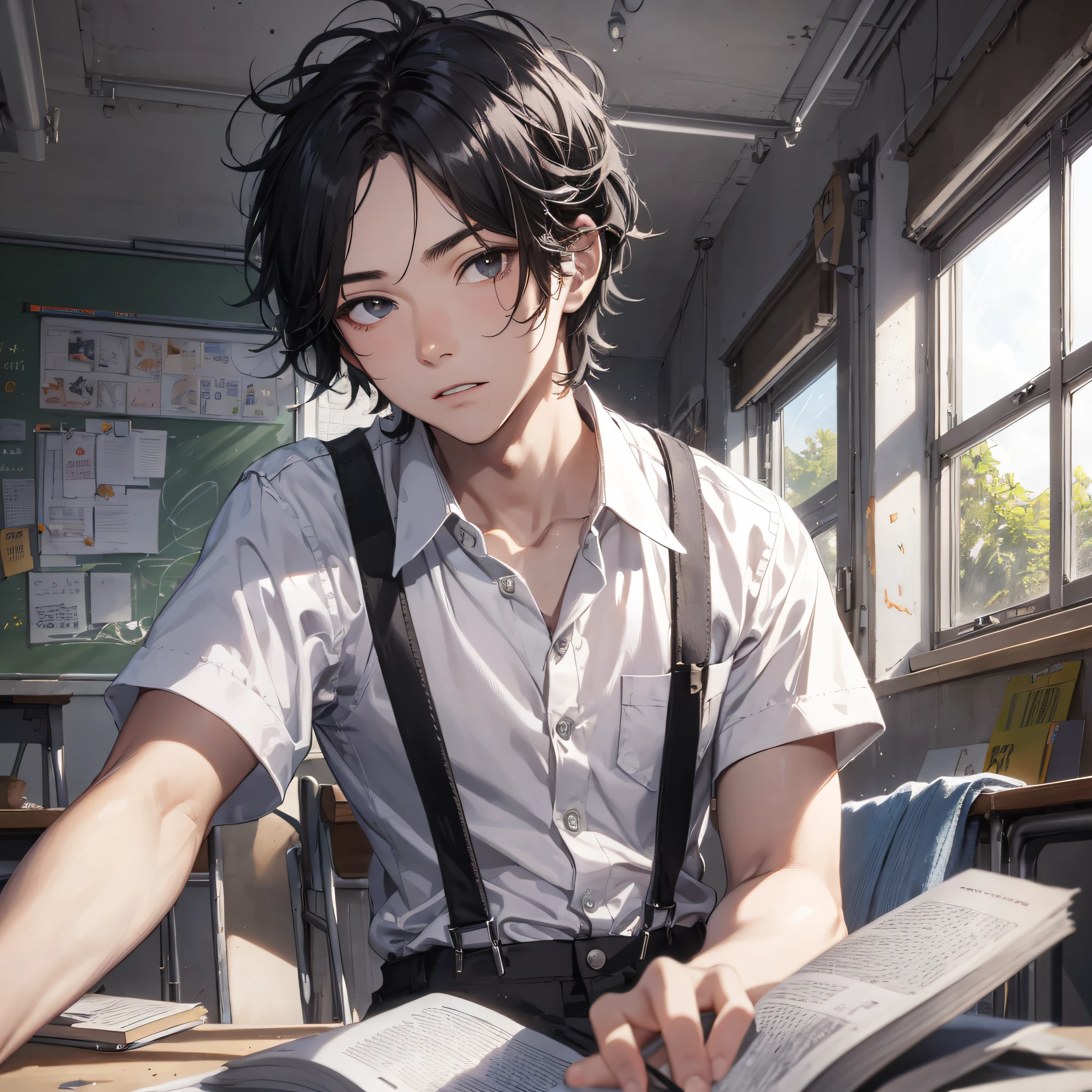Ridiculous resolution, high resolution, (masterpiece: 1.4), hyper-detail, classroom, young man messy black hair, white suspenders, sitting, puzzled eyes