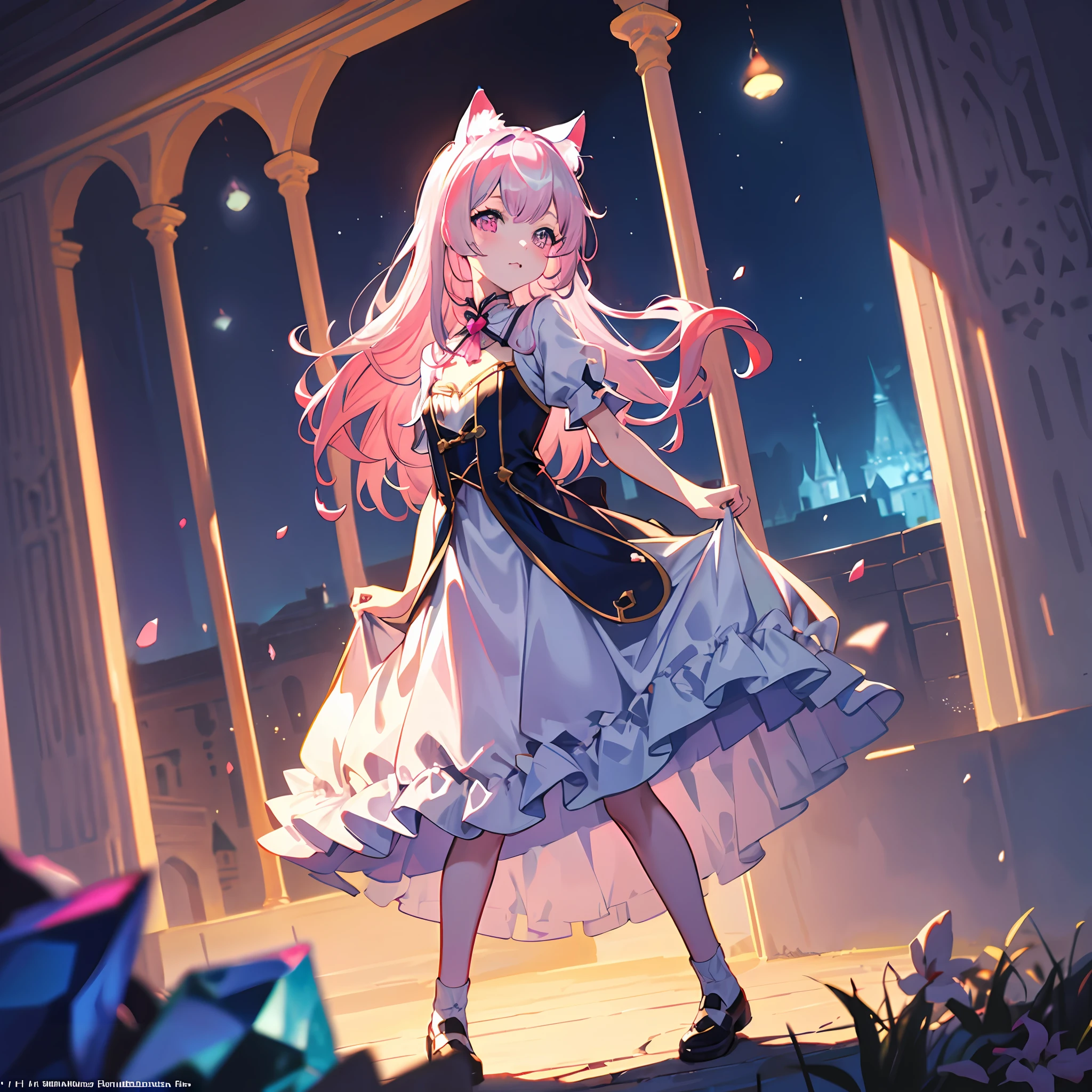 High Resolution: 1.7, Incredibly Ridiculous, Cute: 1, Cute: 1.5, Hires.fix: 1.5, Anime Visuals: 1, Incredibly Fine Illustrations, Crystal Clear White Skin, Sensual, Full Body, One Girl, School, (((14 years ol World, Fantasy, Cat-Eared Girl, High Angle, Inside the Castle, Silver Hair with Pink Hair, Cute Dress, Princess, lift-up skirt, head down
