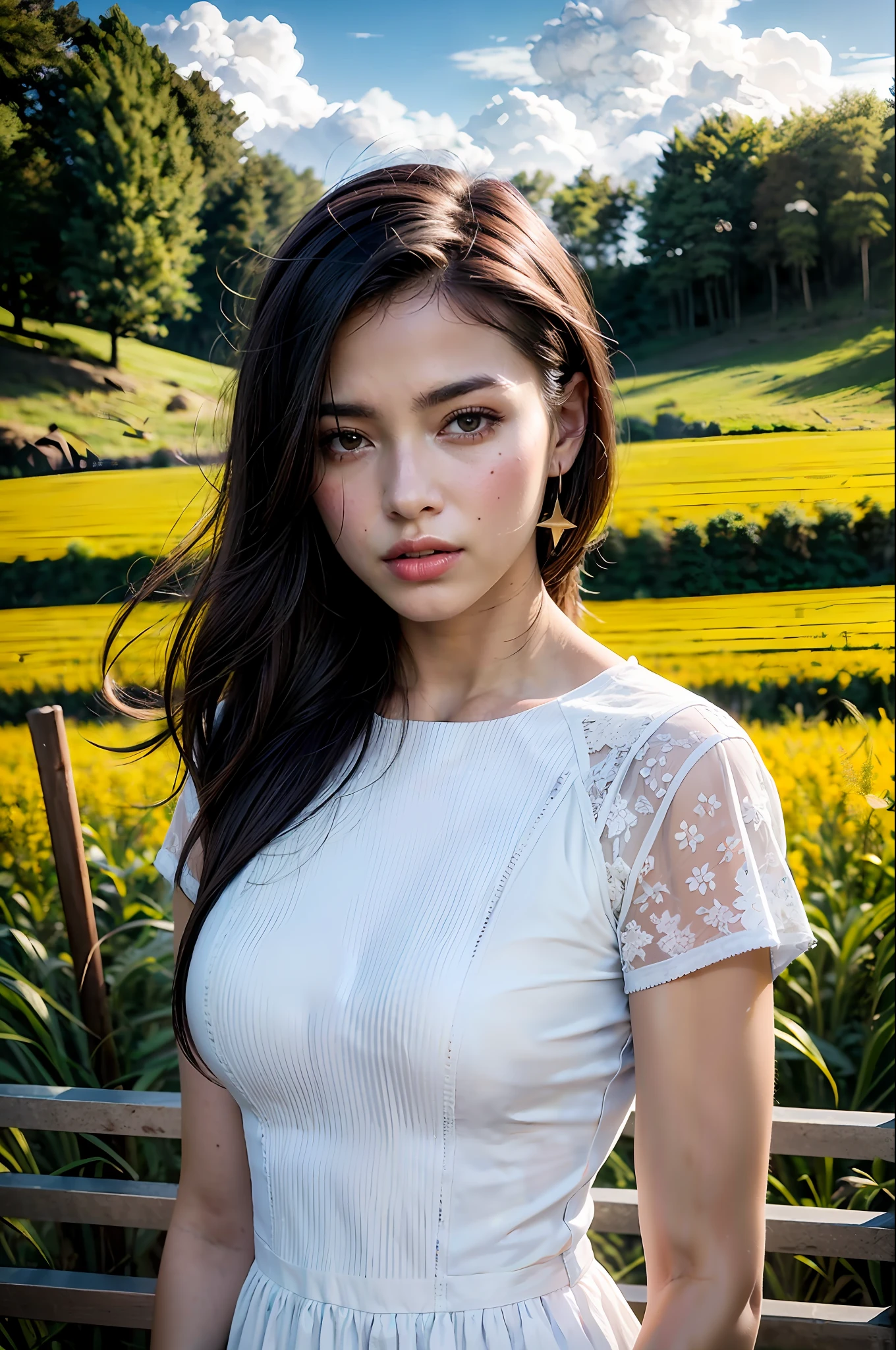 (realistic:1.3), finely detailed, quality, lighting rembrandt, (masterpiece:1.2), (photorealistic:1.2), (best quality), (detailed skin:1.3), (intricate details), dramatic, ray tracing, white brazilian girl, black hair, 21 years old, medium breasts, (Meadow, Sun, Clouds, Field, Agriculture, Starlight, Hiking Trail)