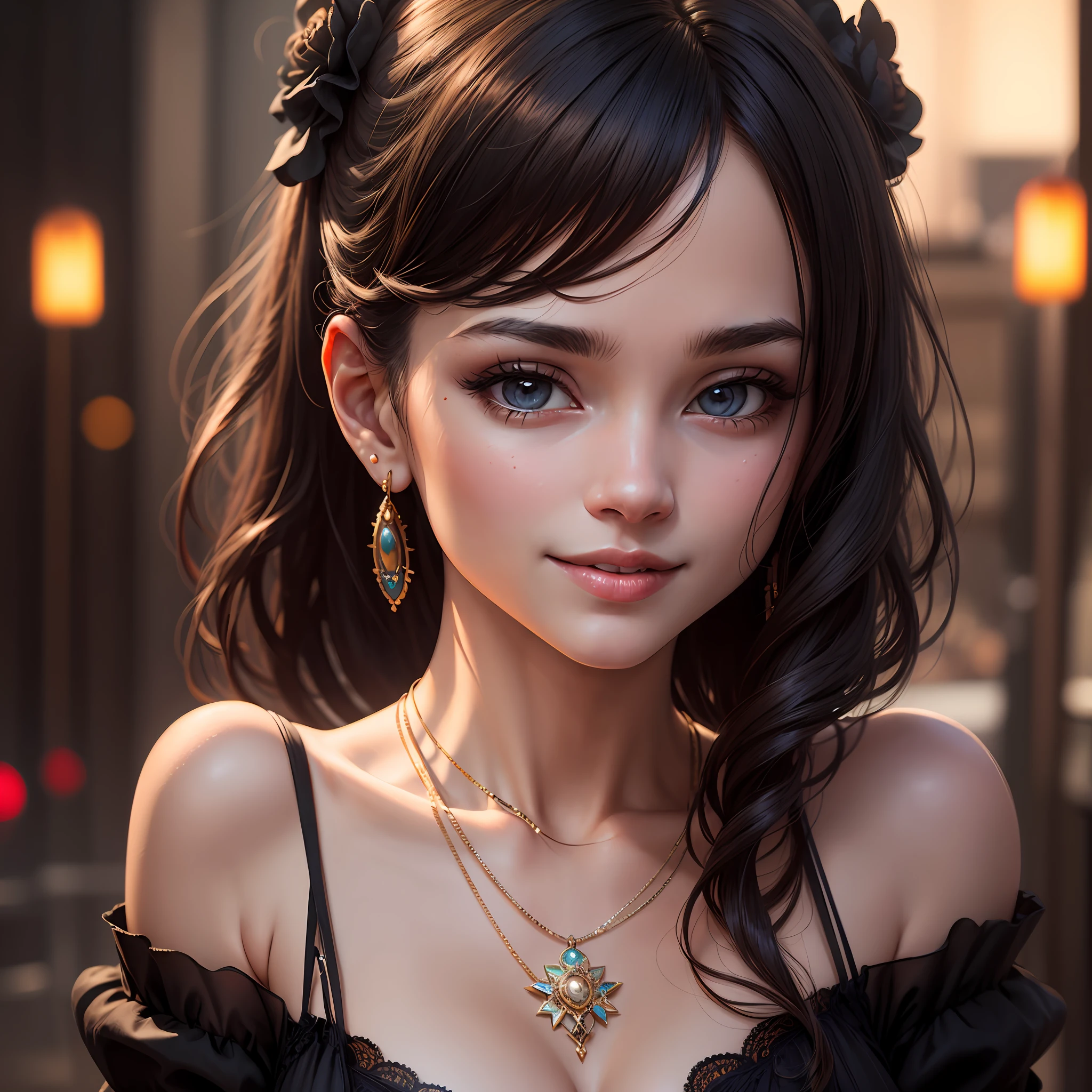 best quality, masterpiece, highres, 1girl, transparent silk porcelain dress, beautiful face, hair ornament, looking at viewer, smile, closed mouth, lips, dress, hair ornament, necklace, jewelry, long hair, earrings, beautiful face, upon_body, tyndall effect, photorealistic, dark studio, rim lighting, two-tone lighting, (high detailed skin: 1.2), 8k uhd, dslr, soft lighting, high quality, volumetric lighting, candid, Photography, high resolution, 4k, 8k, Bokeh --auto