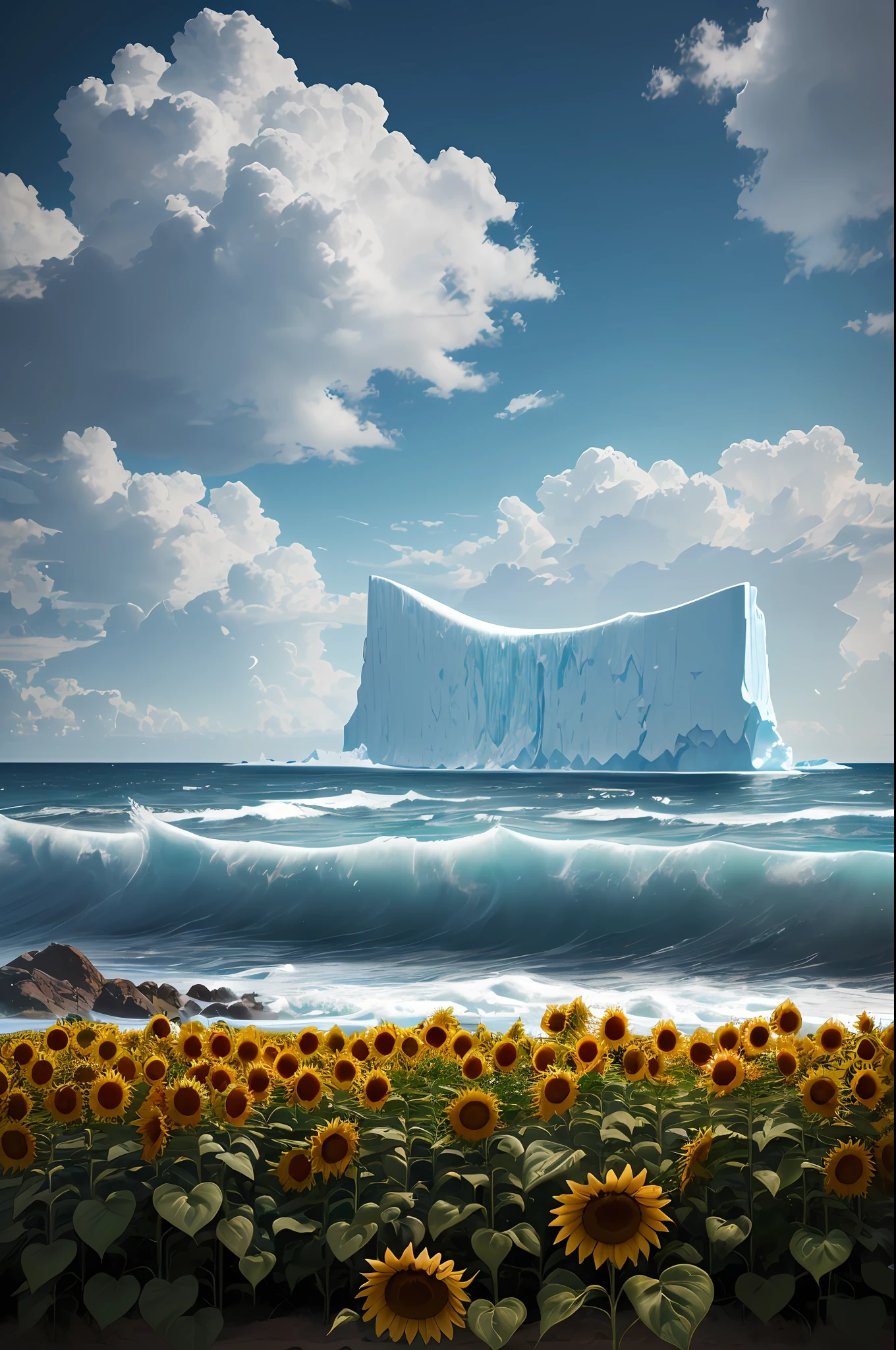 Top quality, masterpiece, ultra-high resolution, (photorealistic: 1.4), raw photo, very large iceberg in the center of the screen, summer sea, quiet waves, (lots of sunflowers, green grass), sandy beach, sun, incoming clouds, palm trees, (((ultra-realistic details)), octane rendering, 8K, ultra-sharp, detailed intricate ornaments,