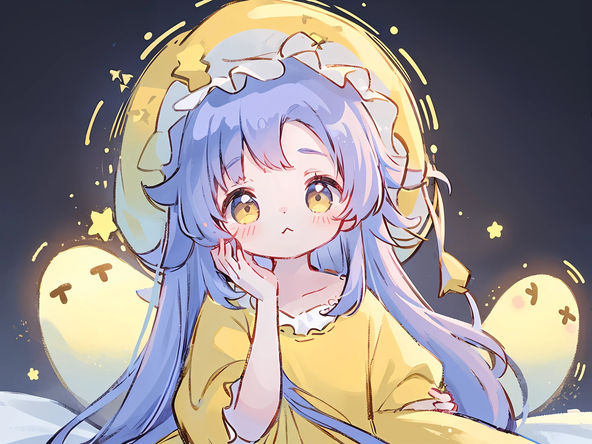 Top Quality, Masterpiece, Ultra High Resolution, Pretty Facial Features, Flat Design, Yellow Themes, Shoshi no Ko, Hoshino Ai, (Sleepy Eyes: 1.1), (Cute Yellow Night Dress), Cute, One Hand on Face, Bedtime, Disheveled Long Hair,
(simple dark background), giant stars shining in the dark, cure, ziyu,