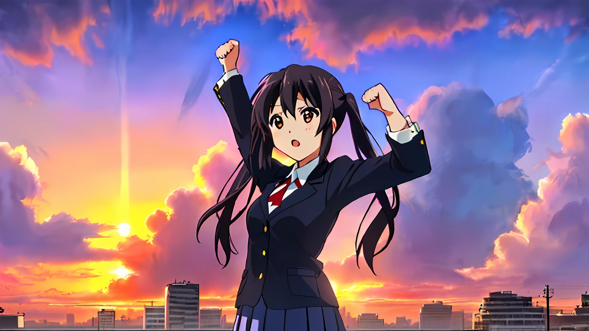 1girl, ((((Masterpiece))), Best Quality, Best Quality, High Detail, Azusa Nakano, 1girl, Sakuragaoka High School Uniform, Musical Instrument, School Uniform, Twin Tails, Long Hair, Black Hair, Brown Eyes, Solo, Red, Dark blue blazer with a thin ribbon of red, Solid white button shirt under blazer, Illustration, Cartoon, Soothing tones, Muted colors, Soft cinematic light, Adobe Lightroom, Photo Lab, HDR, complex and highly detailed, (((depth of field))))). (((Masterpiece))). (((highest quality))).) ((super detail))). (((Illustration))). (((Outside))). (((fighting stance))).,((((Giantization))).dynamic focus.small breasts. (((skyscrapers))). (((Cityscape))). (((Despair Face))). open mouth. (((Sunset))). (((Sunset))). (((clench fists))). (((Proud))).
