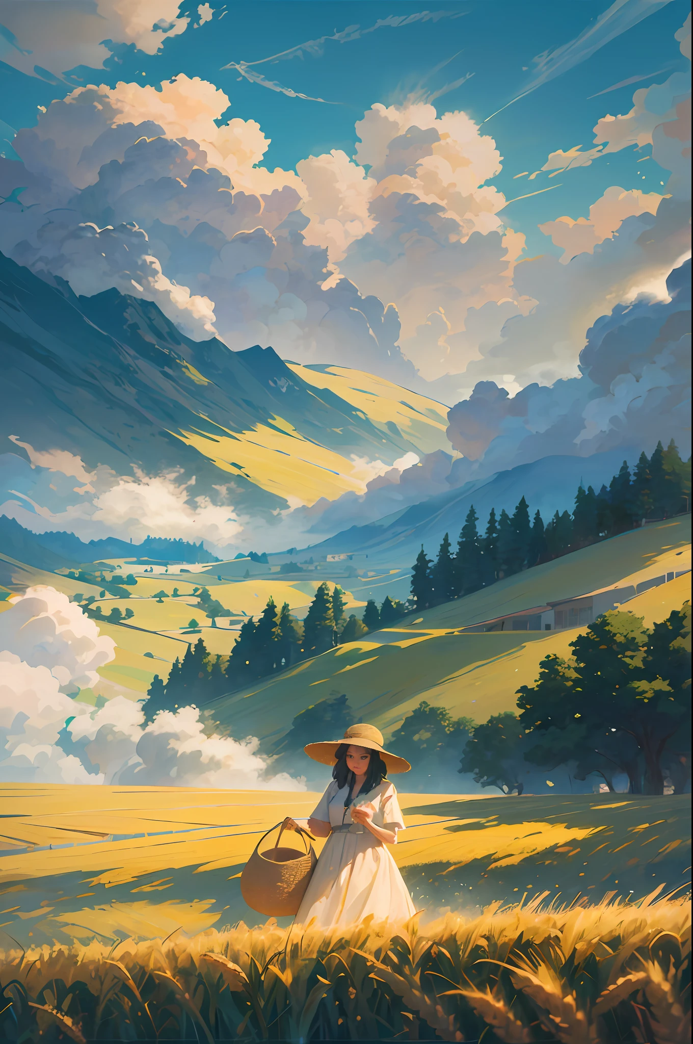 Wheat field, a farmer uncle with a straw hat standing in a wheat field, big clouds, blue sky, rice field, neat rice seedlings in the field, forest, hillside, secluded, rural, HD detail, hyper-detail, cinematic, surrealism, soft light, deep field focus bokeh, ray tracing and surrealism. --v6