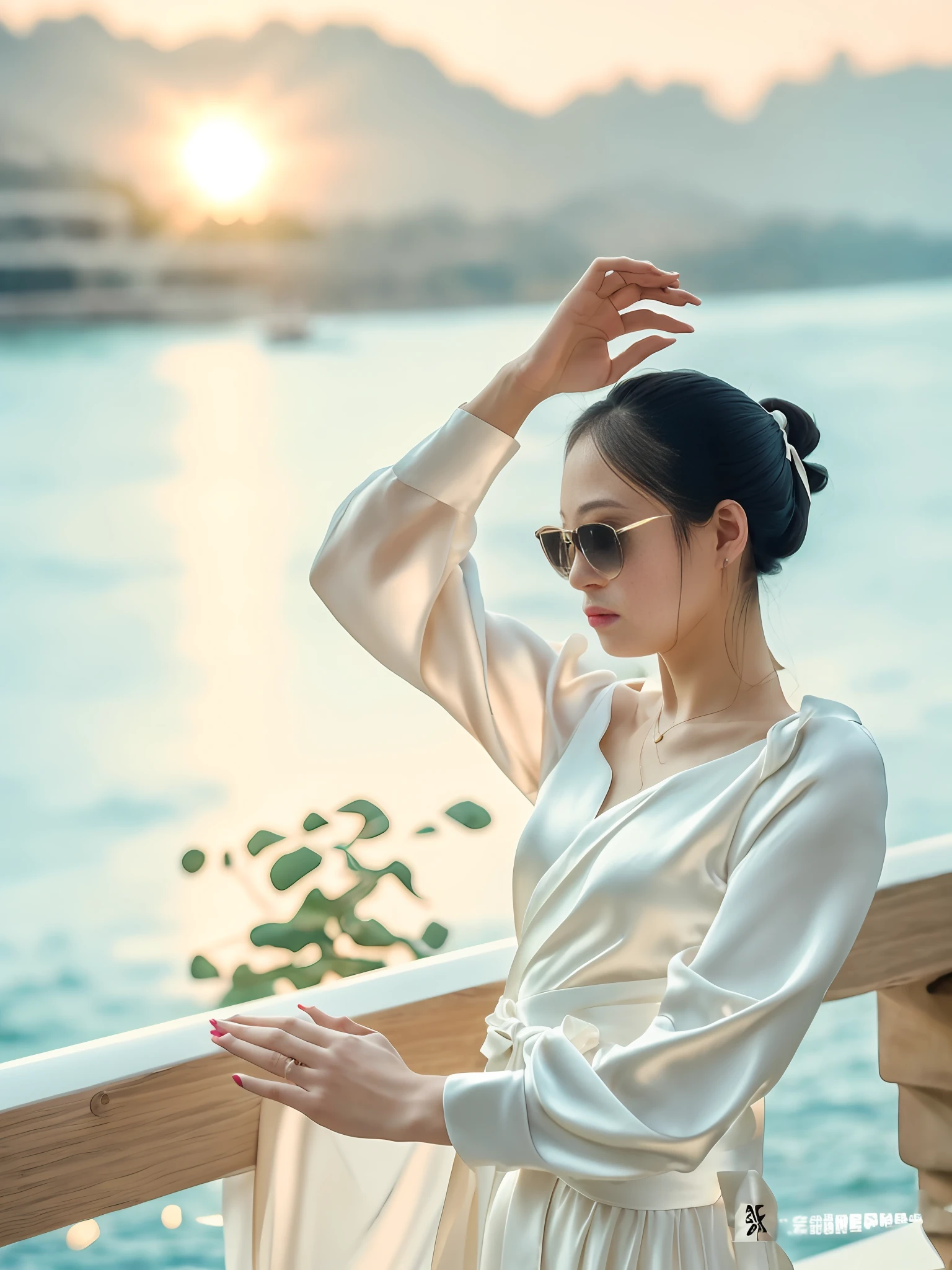 woman in white dress leaning on railing near body of water, with sunglass, wearing white silk robe, white hanfu, elegant cinematic pose, doing an elegant pose, wearing white silk, cute elegant pose, with sunglasses, with backlight, stunning elegant pose, doing an elegant pose over you, inspired by Cui Bai, li zixin, elegant pose