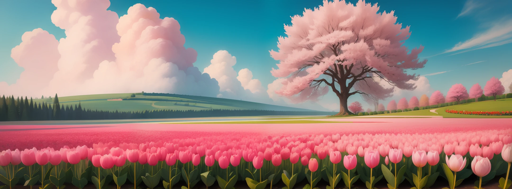 Flowering garden with a tree in the middle with golden fruits