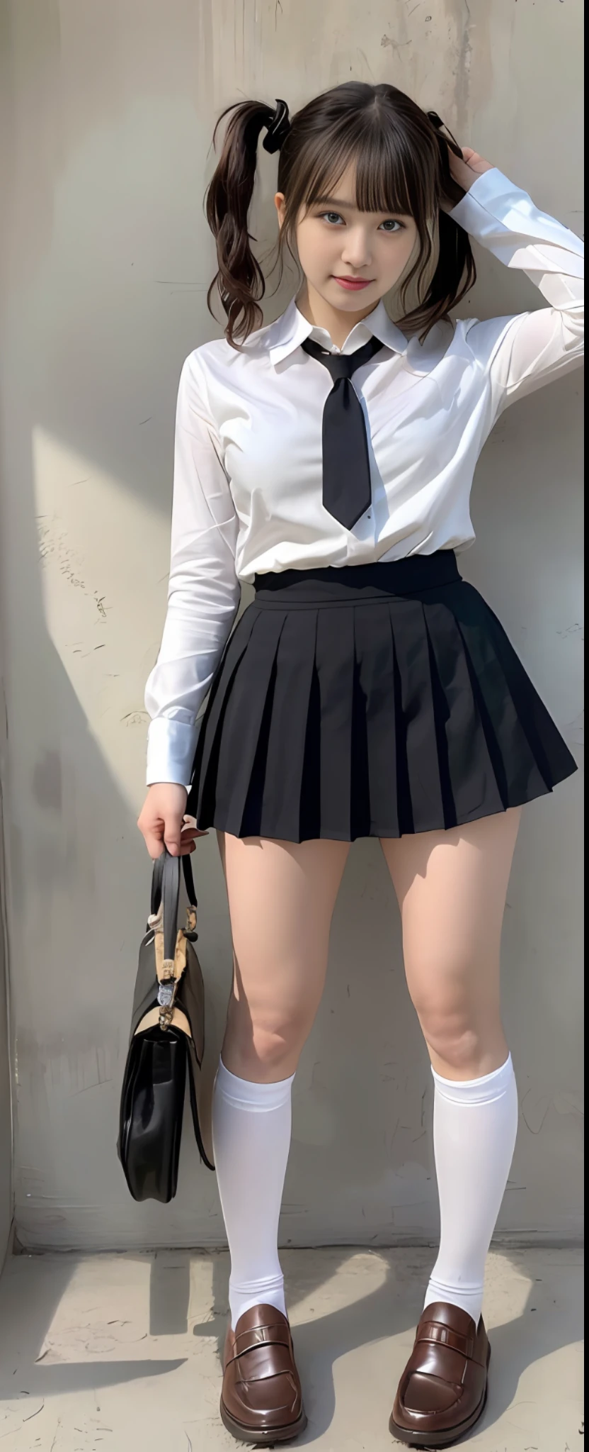 (8k, RAW photos, top quality, masterpiece: 1.2), ultra detailed, super resolution, (real, real photos: 1.37), portraits, high definition RAW color photos, professional photos, very detailed and beautiful, highly detailed, 8k wallpapers, amazing details, huge file size, official art, highly detailed CG Unity 8k wallpapers, highly detailed beautiful girls, highly detailed facesHighly detailed eyes, very detailed skin, very detailed fingers, very detailed nose, highly detailed detailed mouth, perfect anatomy, detailed background, detailed clothes, one girl, (20:1.2), 20s, cute girl, realistic body, white skin, glowing skin, handsome body, black hair, short hair, (dull bangs: 1.2), cute, youthful, cute face, realistic face, delicate eyes, sagging eyes, Looking at the camera, facing front, (((super big: 1.32)), drooping, (very detailed white beautiful lace underwear), thick thighs, emphasizing kneecaps, hands on face, (very detailed white skin), twin tails, hair ornaments, ((super big: 1.41), breasts protruding from cloth, plump, tecateca, standing, legs closed, embarrassed face, excited face, (school uniform), Japan schoolgirl, pleated skirt, ((black school socks: 1.3)), ((wearing brown loafers)), socks, (school assembly), full body, mini skirt, hands on face, knee socks: 0.7