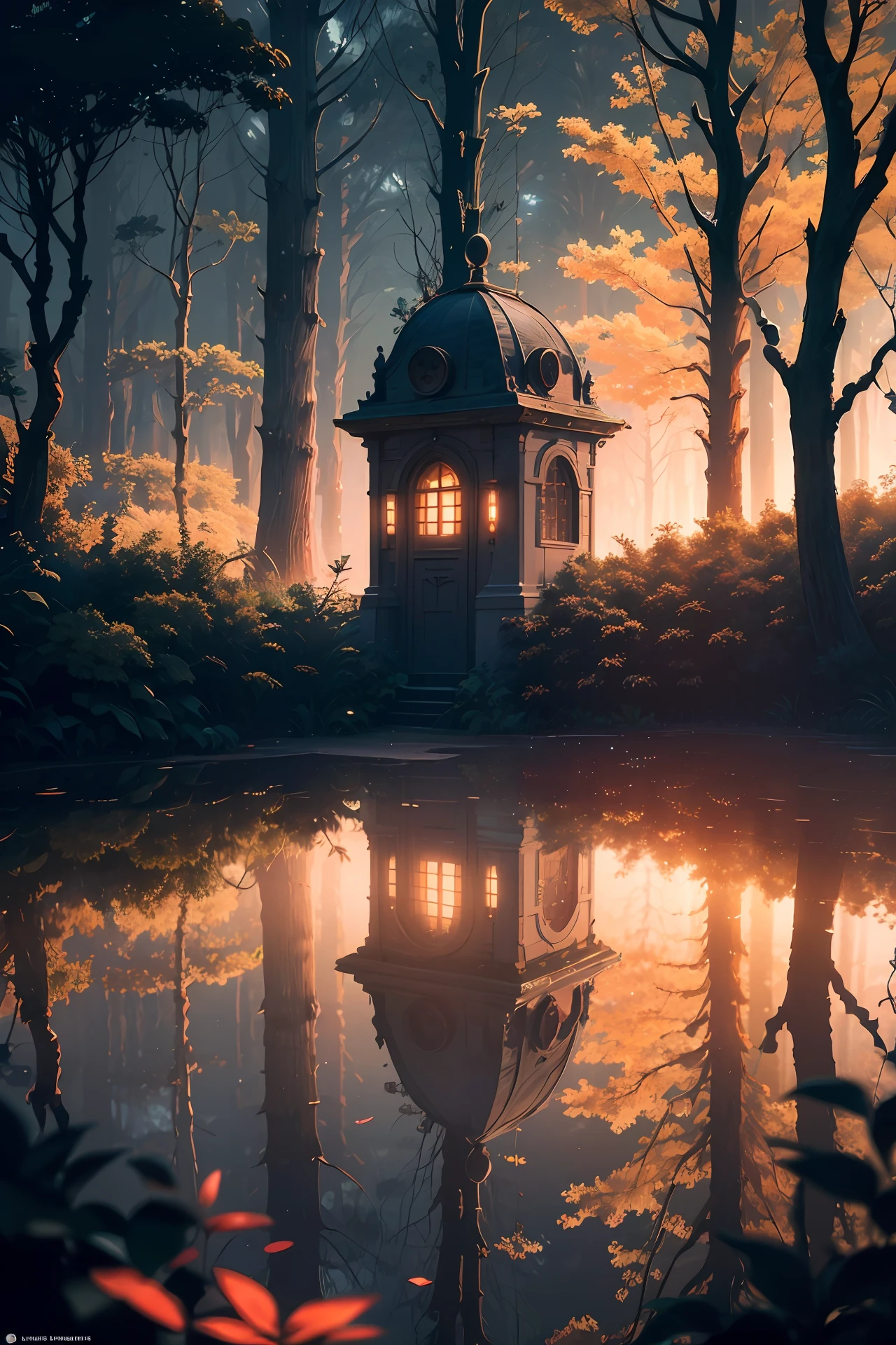 Dark alleys and silhouettes of secret meetings in a dystopian world, reflecting pool on the floor (vibrant, photorealistic, realistic, dramatic, dark, sharp focus, 8K) (open shutter, night shot) (jumped reflections) (background blur)