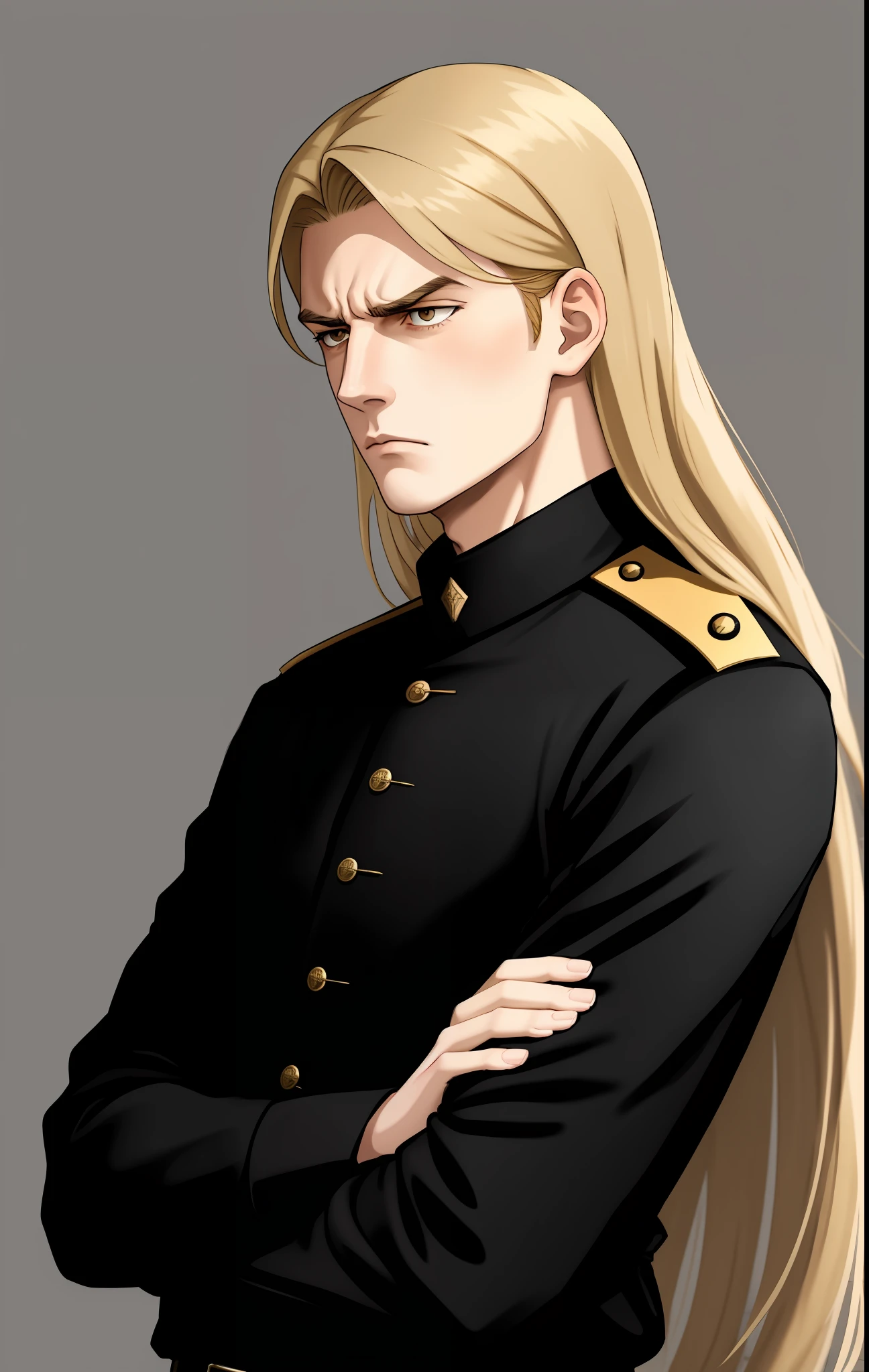 Young general with long blonde hair from the 40's, with a sullen face, black clothes, man, anger