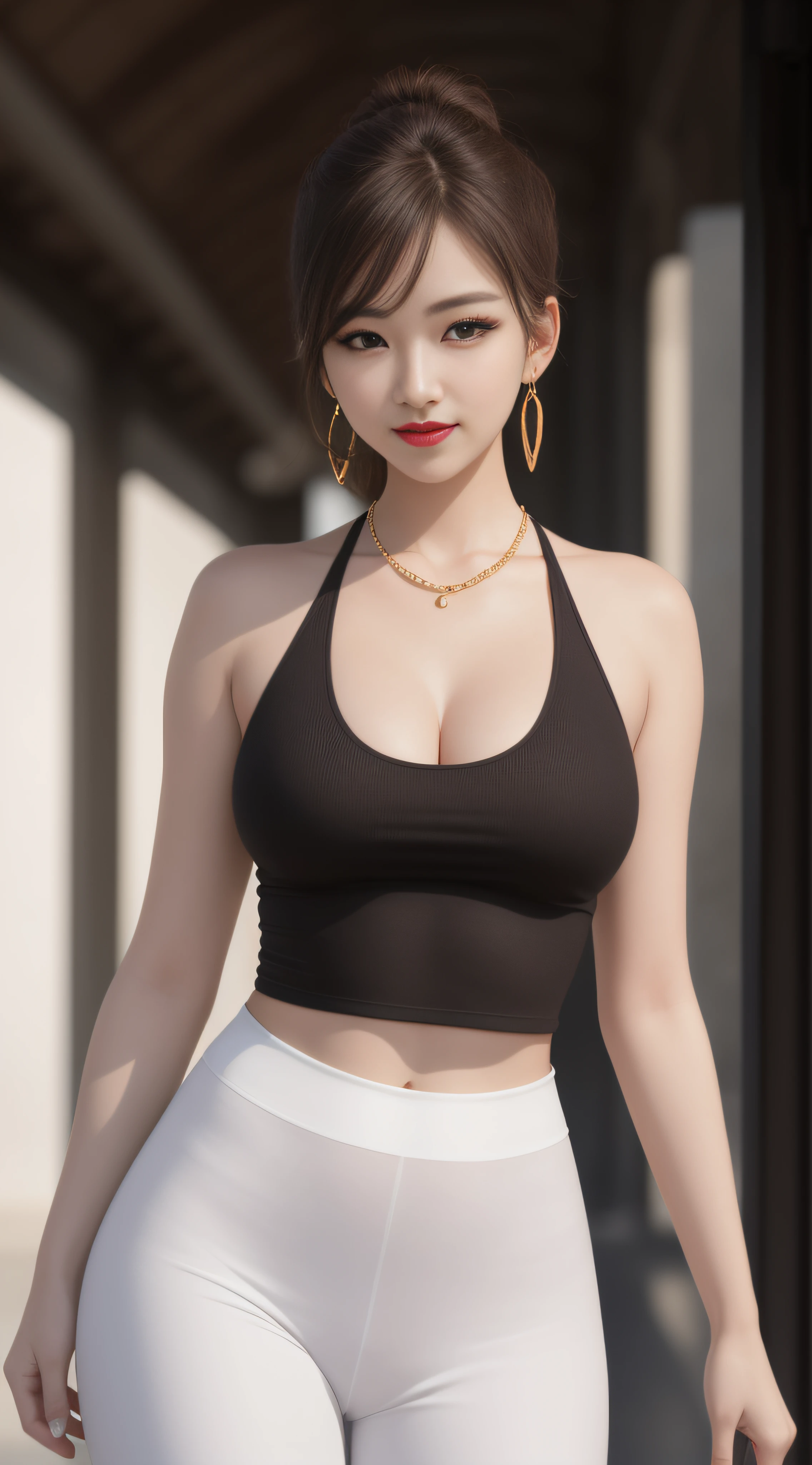 It is an unparalleled masterpiece with the best quality and ultra-high 8K resolution. The photos are very realistic and detailed in detail, using dynamic angles and professional lighting, photon mapping, radiosity, and physically based rendering techniques. The girl in the photo is graceful, smiling and soloing. She is a Kpop idol, but in this photo, from the front, a temperament of absurdity, purity and beauty is shown. Her appearance is very detailed and beautiful, wearing light makeup, using PureErosFace_v1 techniques, applying red lipstick separately from her lips, tall figure, golden ratio, wide shoulders and narrow waist, delicate and beautiful eyes and puffy eye bags, thick and slender eyelashes, shiny skin. This is a full-body photo of a girl wearing a tight T-shirt, white leggings and high heels, earrings and necklaces, standing outdoors to face the audience, and the full-body shot highlights her beauty even more. The surreal atmosphere makes her even more mysterious and fascinating. The girl's face is very delicate, with a slender face and slender body, smiling at the audience as if she were the most beautiful woman in the city. The details in the photos are very high, with delicate texture and depth on the face, eyes, perfect fingers, and background. This is a collectible 8K wallpaper that makes people unable to look away.