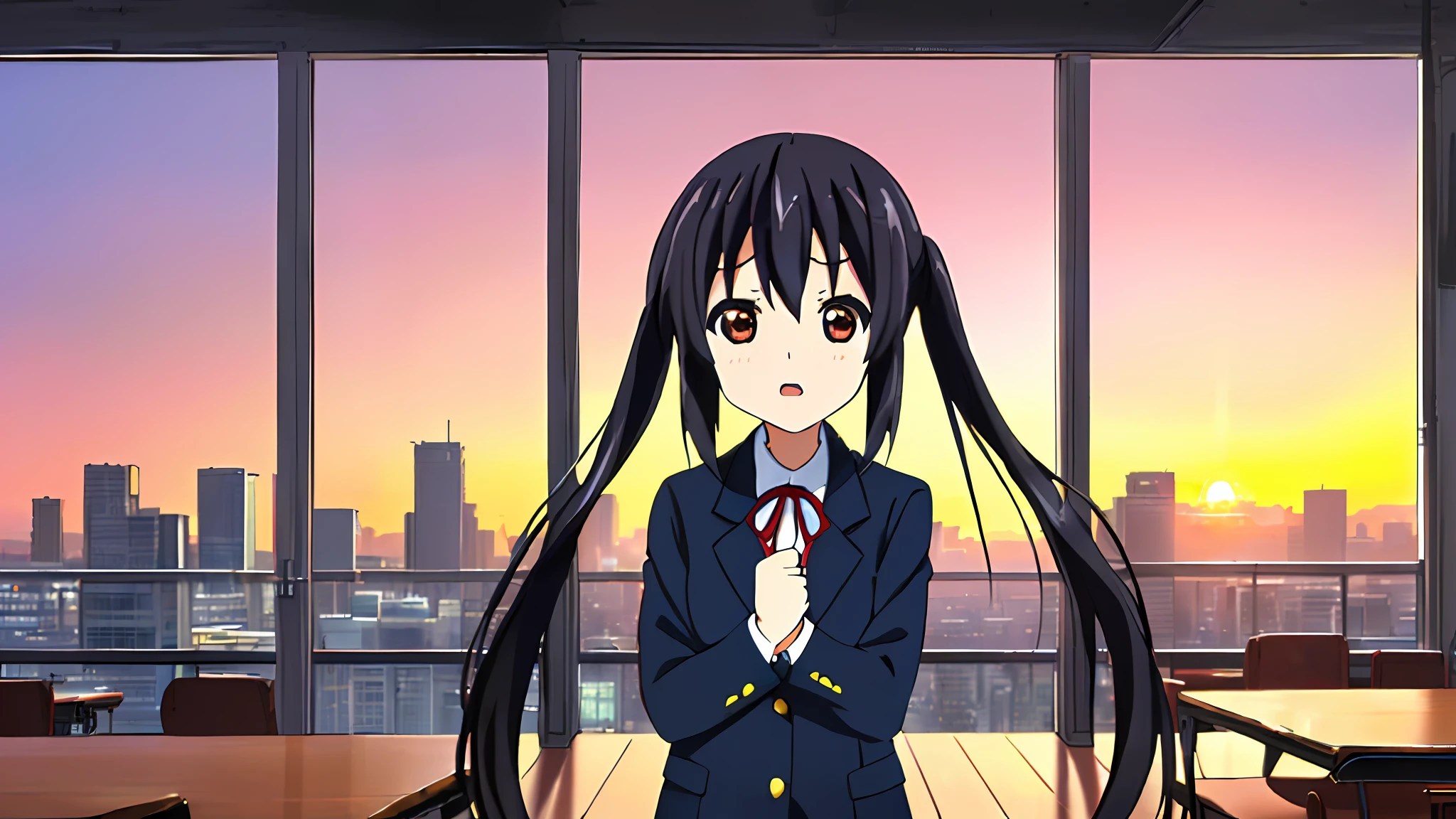 1girl, ((((Masterpiece))), Best Quality, Best Quality, High Detail, Azusa Nakano, 1girl, Sakuragaoka High School Uniform, Musical Instrument, School Uniform, Twin Tails, Long Hair, Black Hair, Brown Eyes, Solo, Red, Dark blue blazer with a thin ribbon of red, Solid white button shirt under blazer, Illustration, Cartoon, Soothing tones, Muted colors, Soft cinematic light, Adobe Lightroom, Photo Lab, HDR, complex and highly detailed, (((depth of field))))). (((Masterpiece))). (((highest quality))).) ((super detail))). (((Illustration))). (((Outside))). (((fighting stance))).,((((Giantization))).dynamic focus.small breasts. (((skyscrapers))). (((Cityscape))). (((Despair Face))). open mouth. (((Sunset))). (((Sunset))). (((clench fists))). (((Proud))).