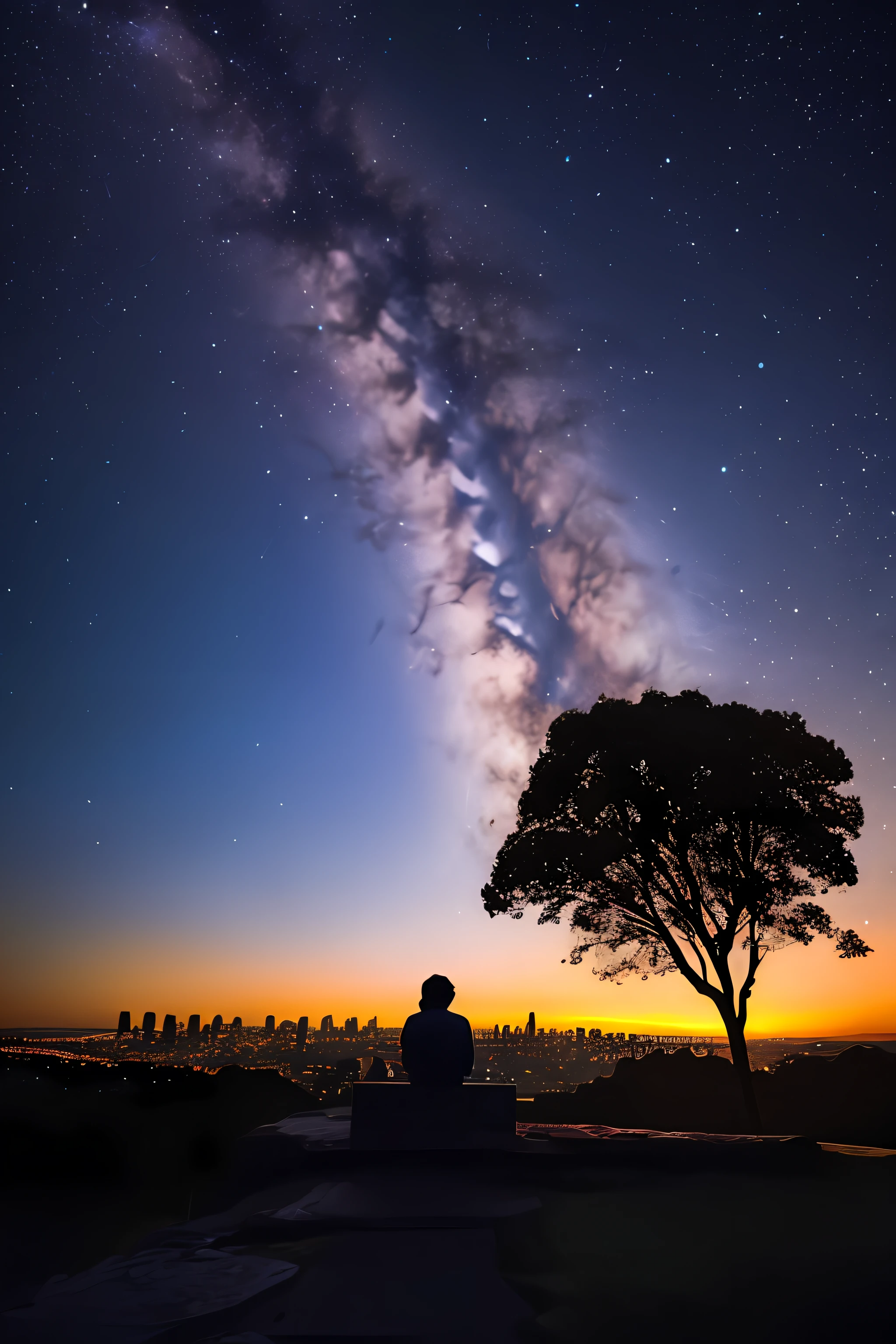 sky, star, landscape, starry sky, night, only child, night sky, solo, outdoor, signature, building, clouds, milky way, sitting, tree, long hair, city, silhouette, cityscape