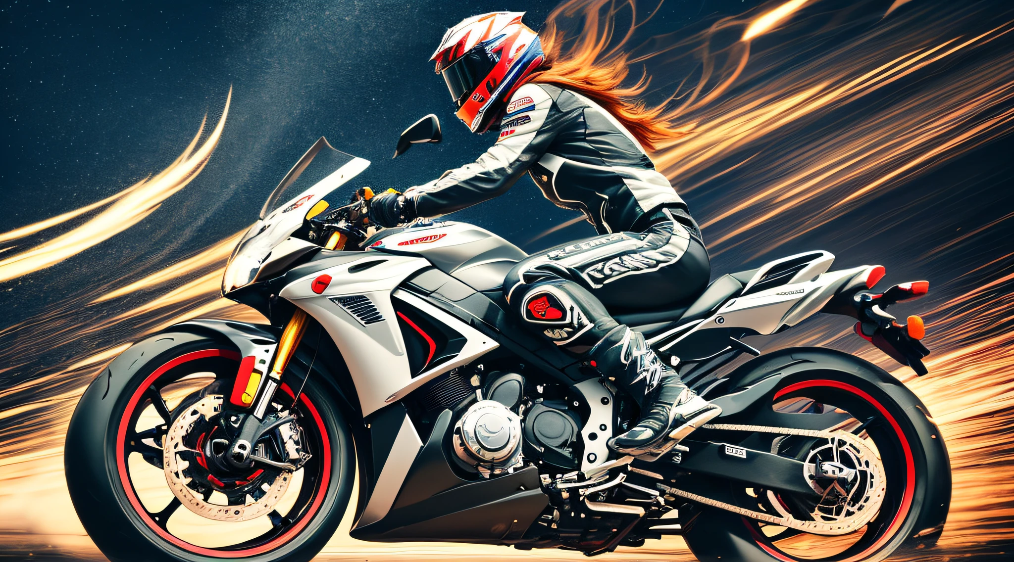 Several male and female riders, riding heavy motorcycles, street racing at night (low angle, horizontal motion blur, long exposure), wheels rubbing the ground, sparks splashing, smoke and dust, third visual display. Reflective silver, motion picture film P30, unstable composition. , transautomatism style